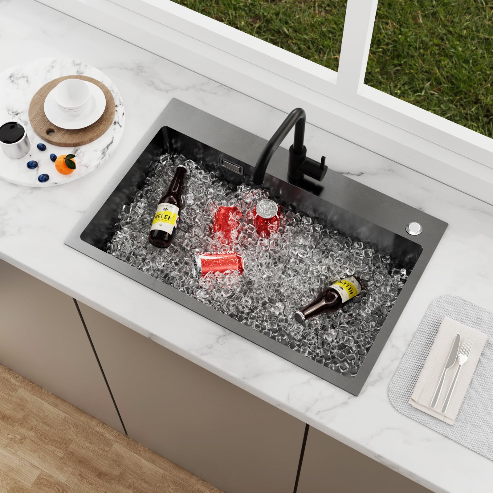 KEOKBON 70x45cm Extra Large Topmount Stainless Steel Kitchen Sink, Single Bowl Outdoor with โ Heavy-Gauge 304 Material Drainage Kit, 2 Tap Holes Soap Disp. Hole, Nano Anthracite โ image 1