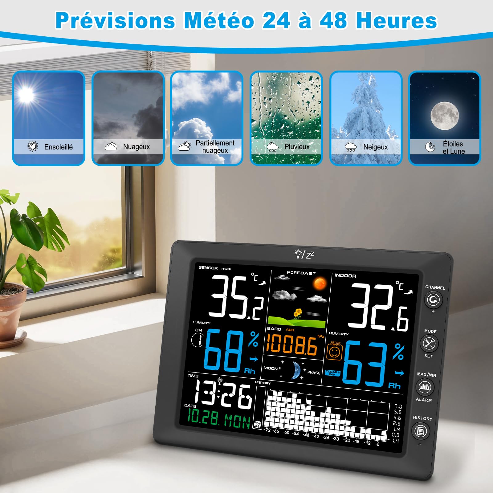 Urageuxy Station Meteo Sans Fil avec Capteur Extérieur Grand Écran Couleur, Thermomètre Intérieur Extérieur, Hygromètre, Prévisions Météo, Portée 100M, Pression Atmosphérique, Radio-Réveil DCF, Alarme