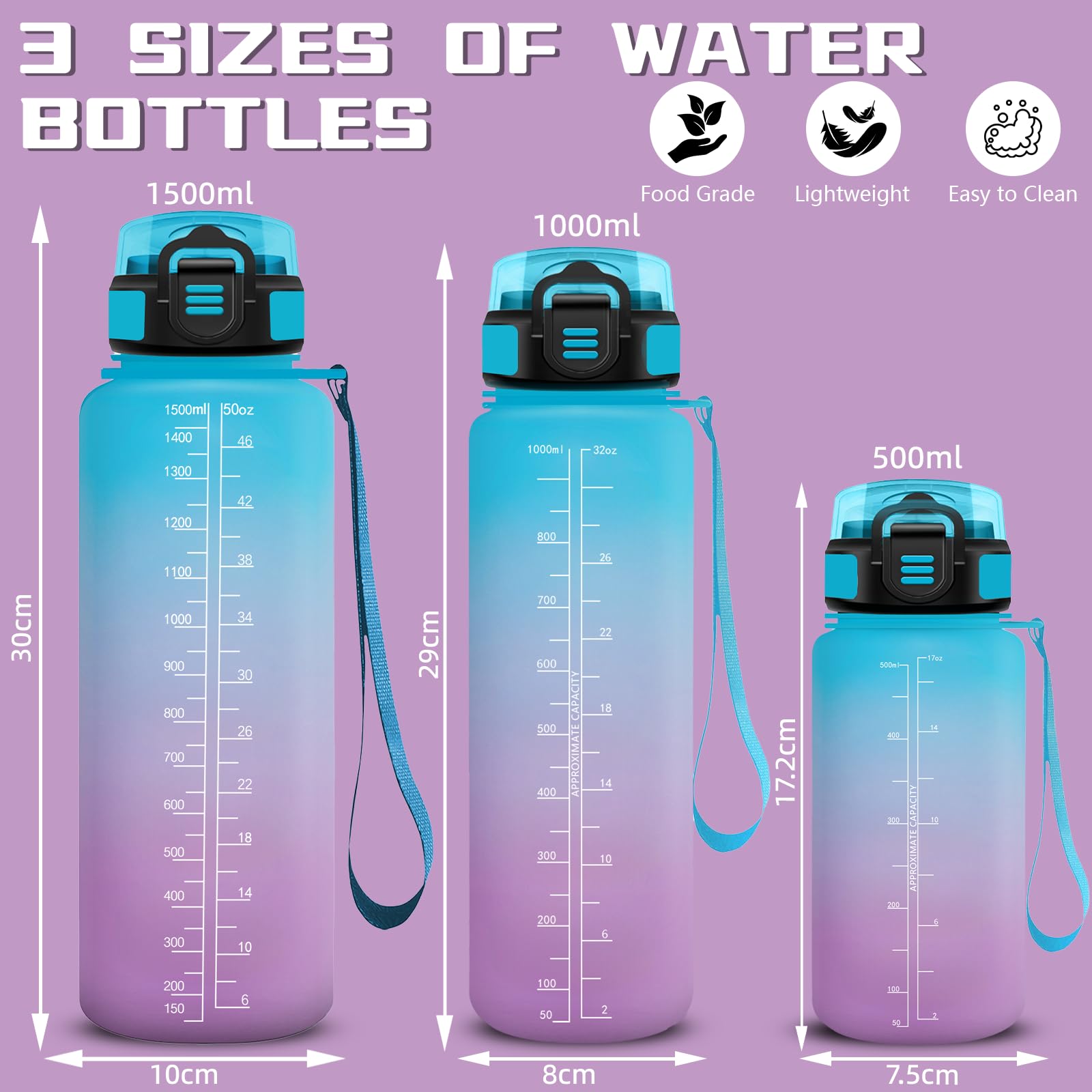 Gourde 1,5L, Gourde Sport Anti-Fuite, Gourdes avec Paille, Facile à Nettoyer, Gourdes Reutilisable avec Slogan de Motivation, Bouteille d'eau pour Running, Vélo, Camping, Randonnée