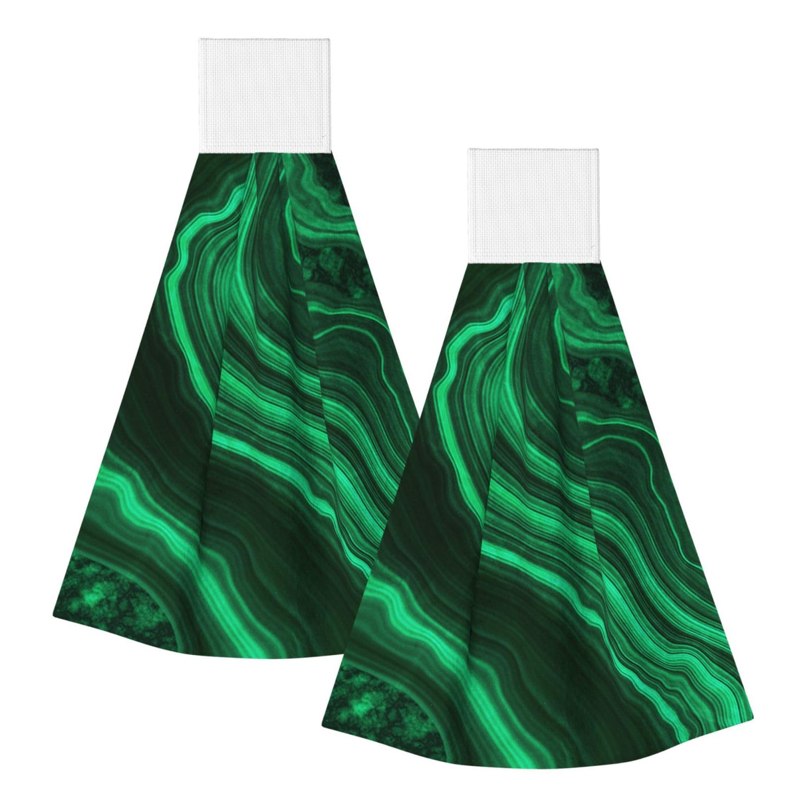 DOPKLNA Malachite Texture, 2 Pcs Hanging Coral Fiber Hand Towels for Bathroom, Absorbent Kitchen Towels