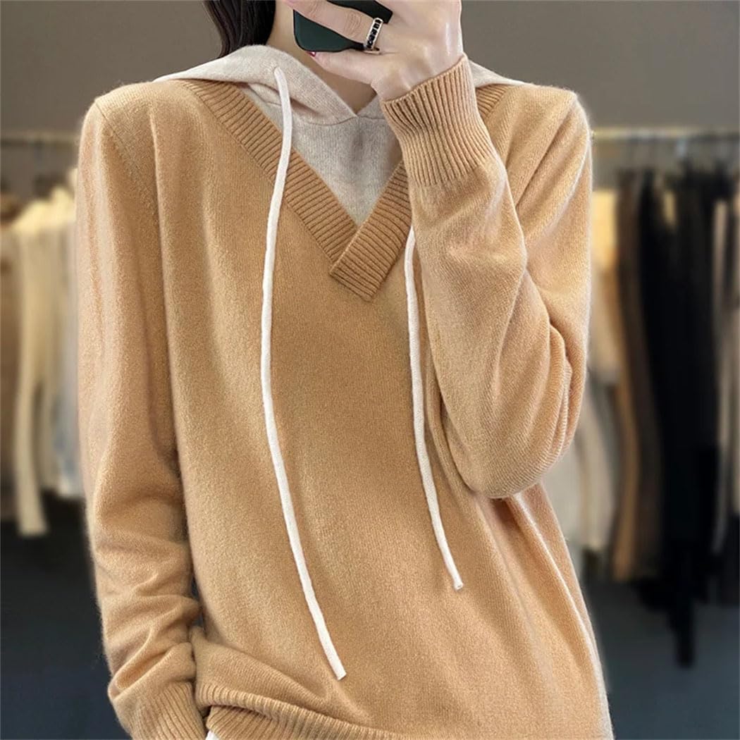 Women's Fall Winter Hooded Sweater Casual Loose Long Sleeve Drawstring Pullover 100% Wool Soft Knitted Coat