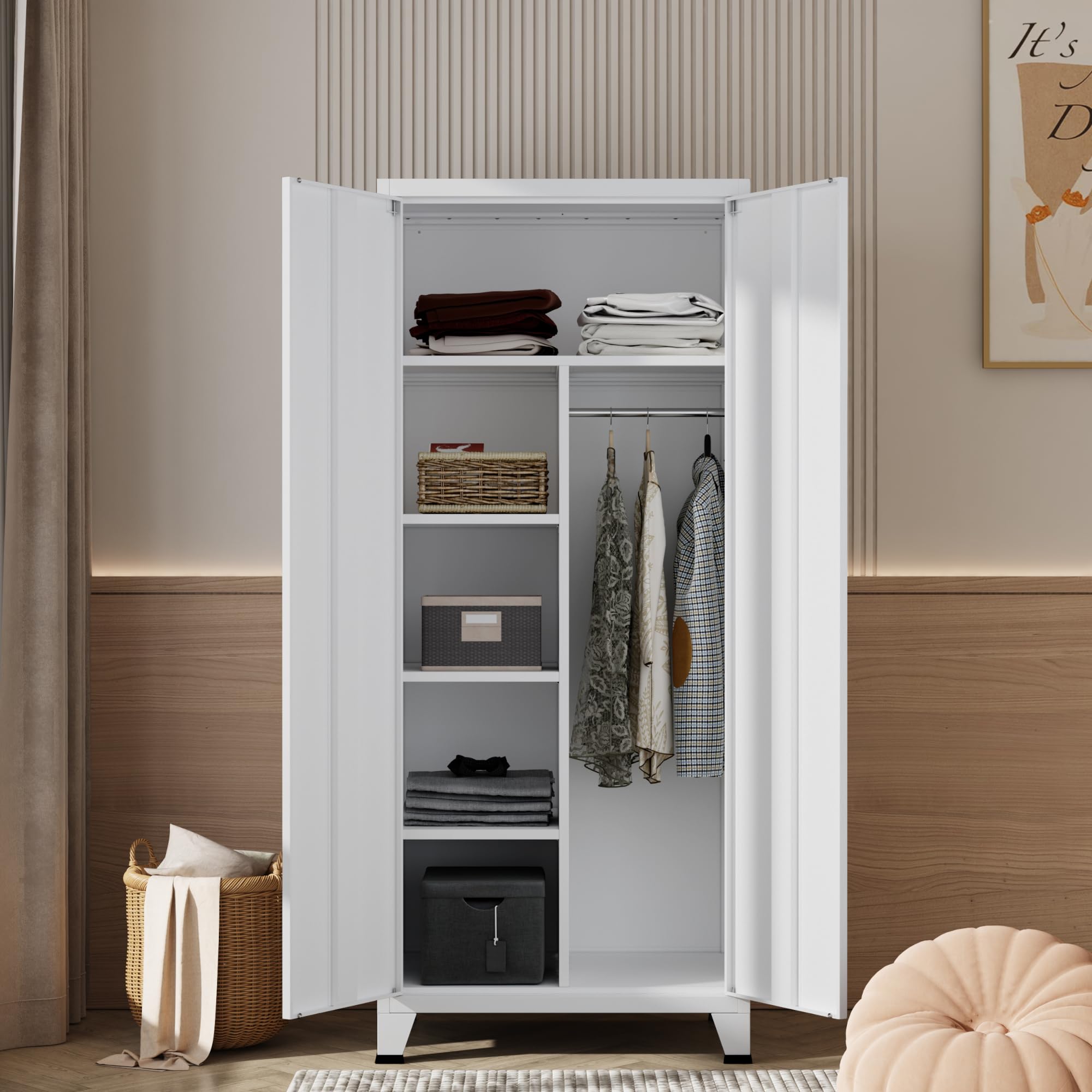 [en.casa] Kleiderschrank Hankasalmi 2-türig mit Kleiderstange Schlafzimmerschrank Metall Weiß Garderobenschrank mit 3 Ablagen 180 x 90 x 40 cm
