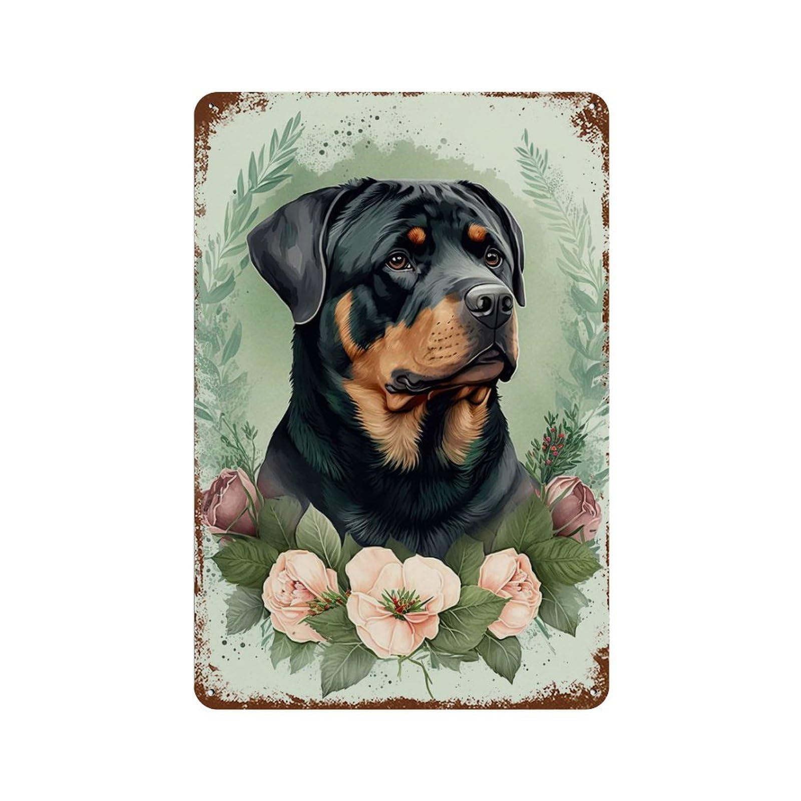 Rottweiler Floral 11.8"x7.9" Rust Effect Tin Sign, Decorative Metal Wall Art for Garage, Bar And Workshop Decor