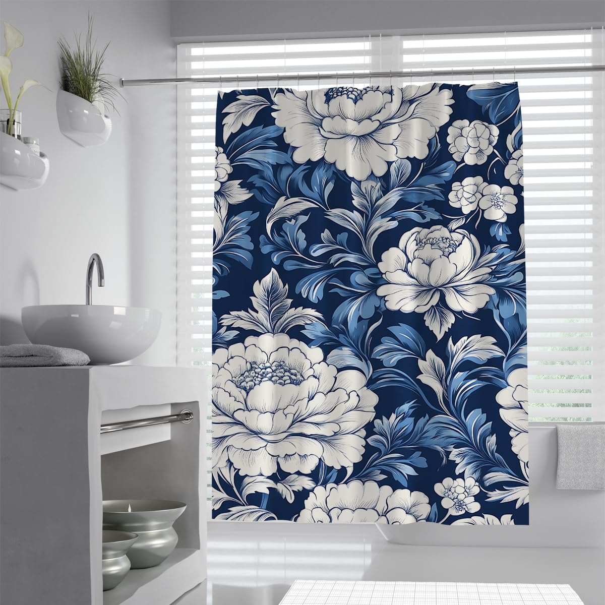 Vintage Peony Shower Curtain 100x180 White Watercolor Floral Pretty Elegant Flower Blossom Waterproof Fabric Polyester Bathroom Home Decor Set with Hooks
