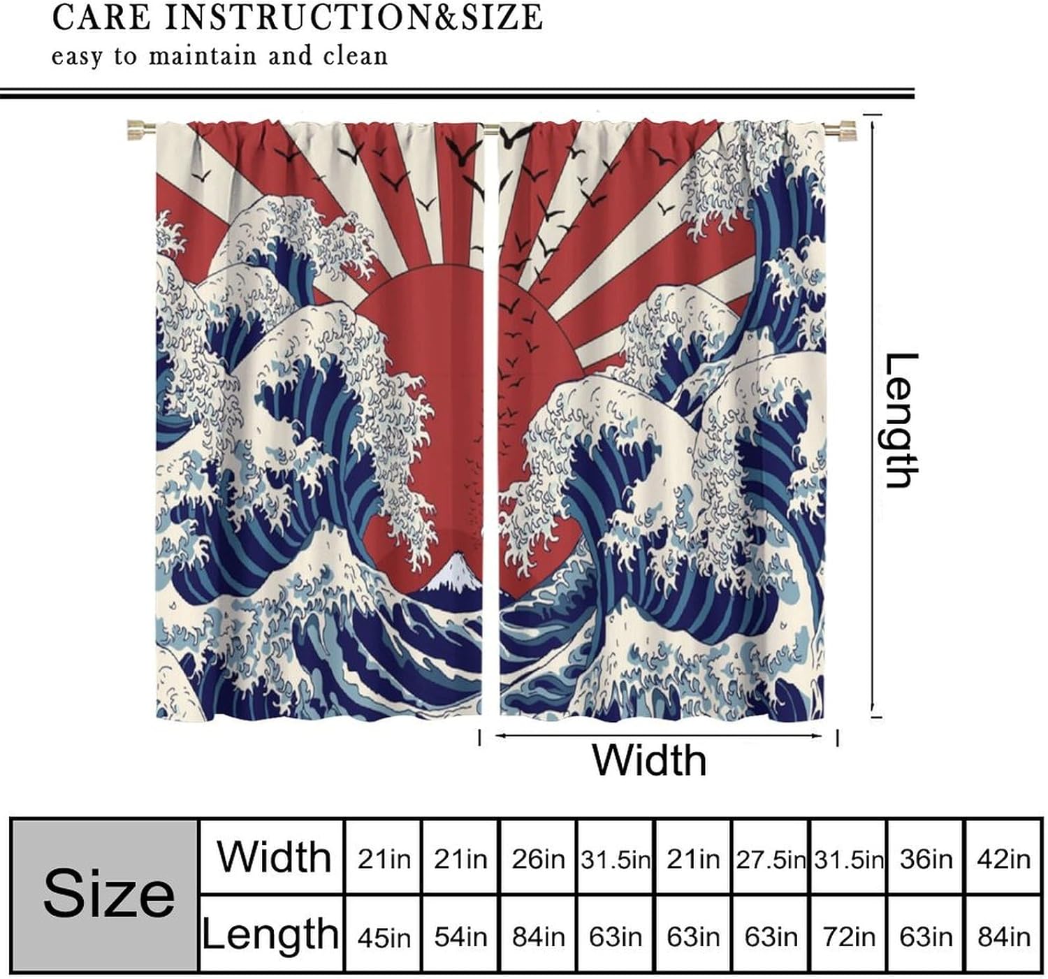 Asia Japan Wave Blackout Curtains, Ocean Red Sun Sea Bird Waves Full Moon Japanese Traditional Art Window Drapes, for Living Room Bedroom 42" W X 45" L