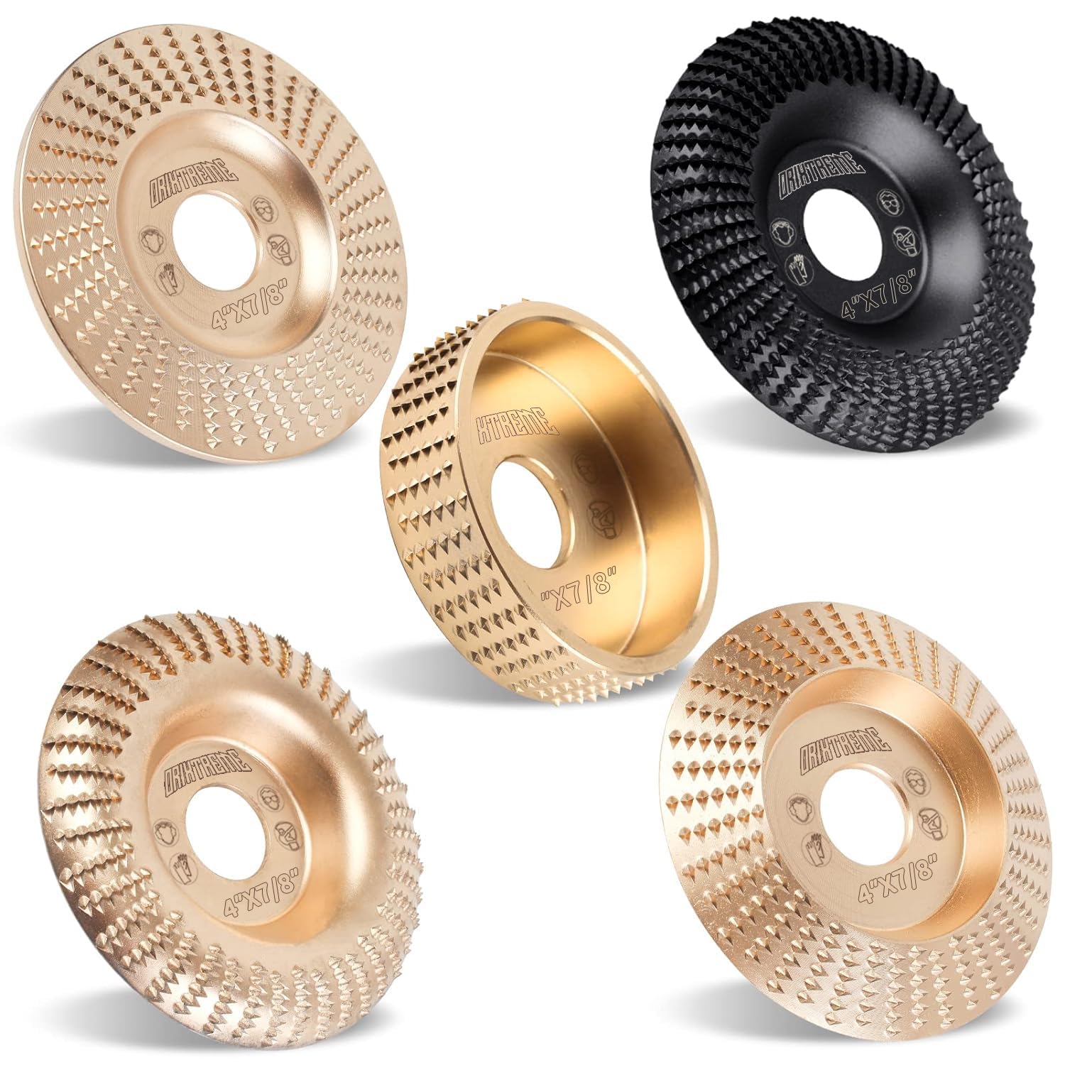 5Pcs 4 Inch HIGH Temperature Hardening Wood Carving Disc Grinding Wheel Set Wood Shaping Wheel Wood Grinding Shaping Disc for Angle Grinder with 7/8" -5/8" Arbor