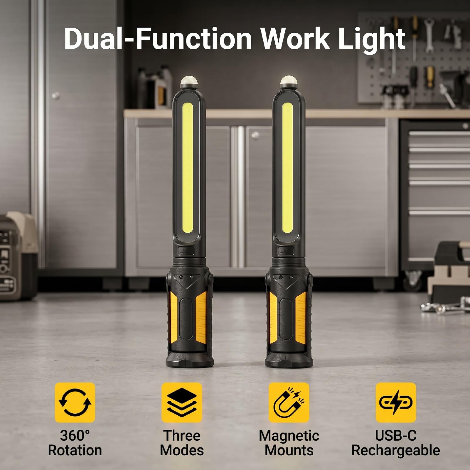 Fafeicy Luce da Lavoro Portatile 1400lm Magnetica Rotazione 360 Gradi per | Luce da Officina, Custodia in ABS, estremità Magnetiche, Tre modalità di Illuminazione, Ricarica Tramite Type C, Resistenza
