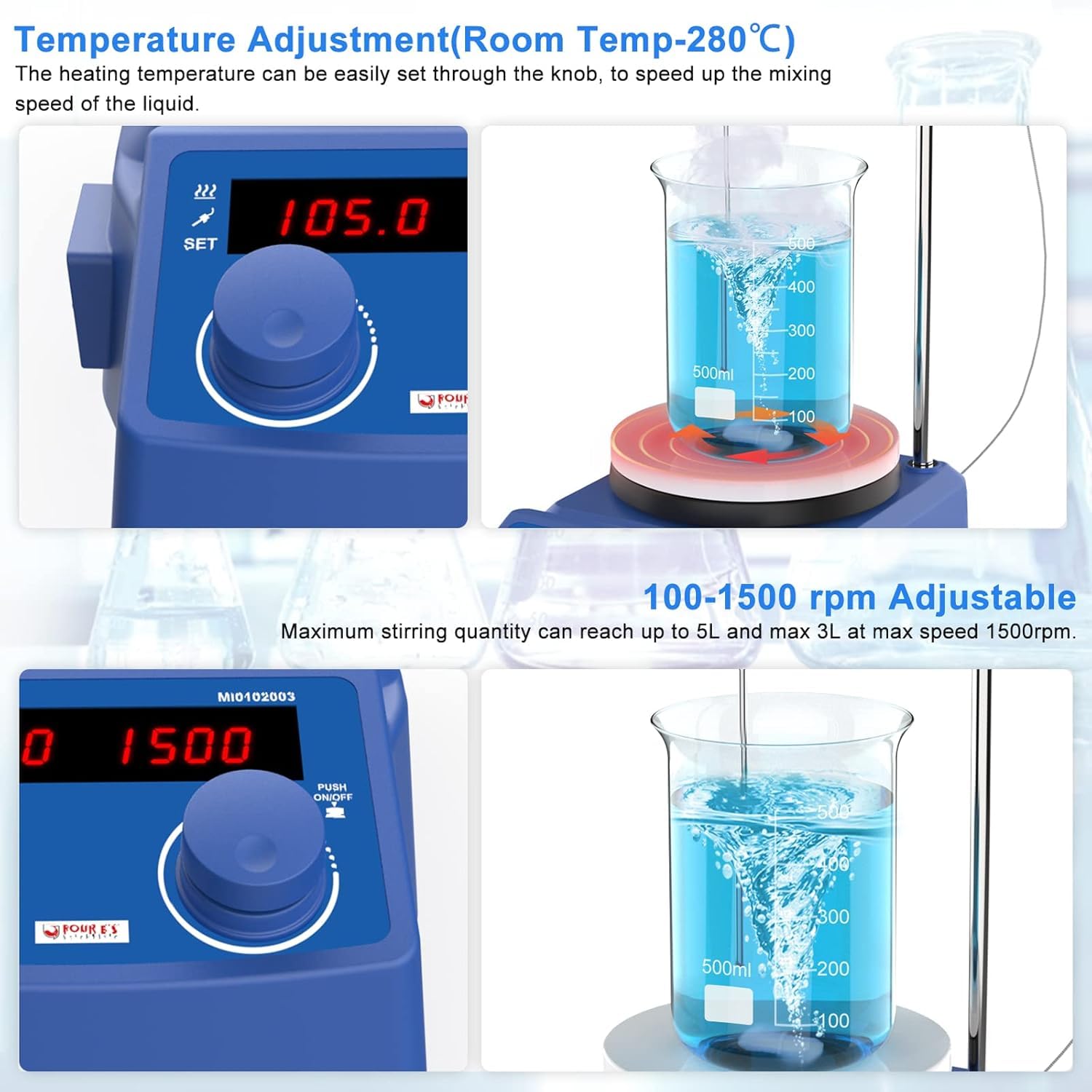 FOUR E'S SCIENTIFIC Agitatore magnetico da 5 l con piastra riscaldante Hot Plate Mixer 280 °C/ 536 °F Magnetic Stirrer 100-1500 RPM 5000 ML LED Display Laboratorio Agitatore con sensore PT1000 Temp