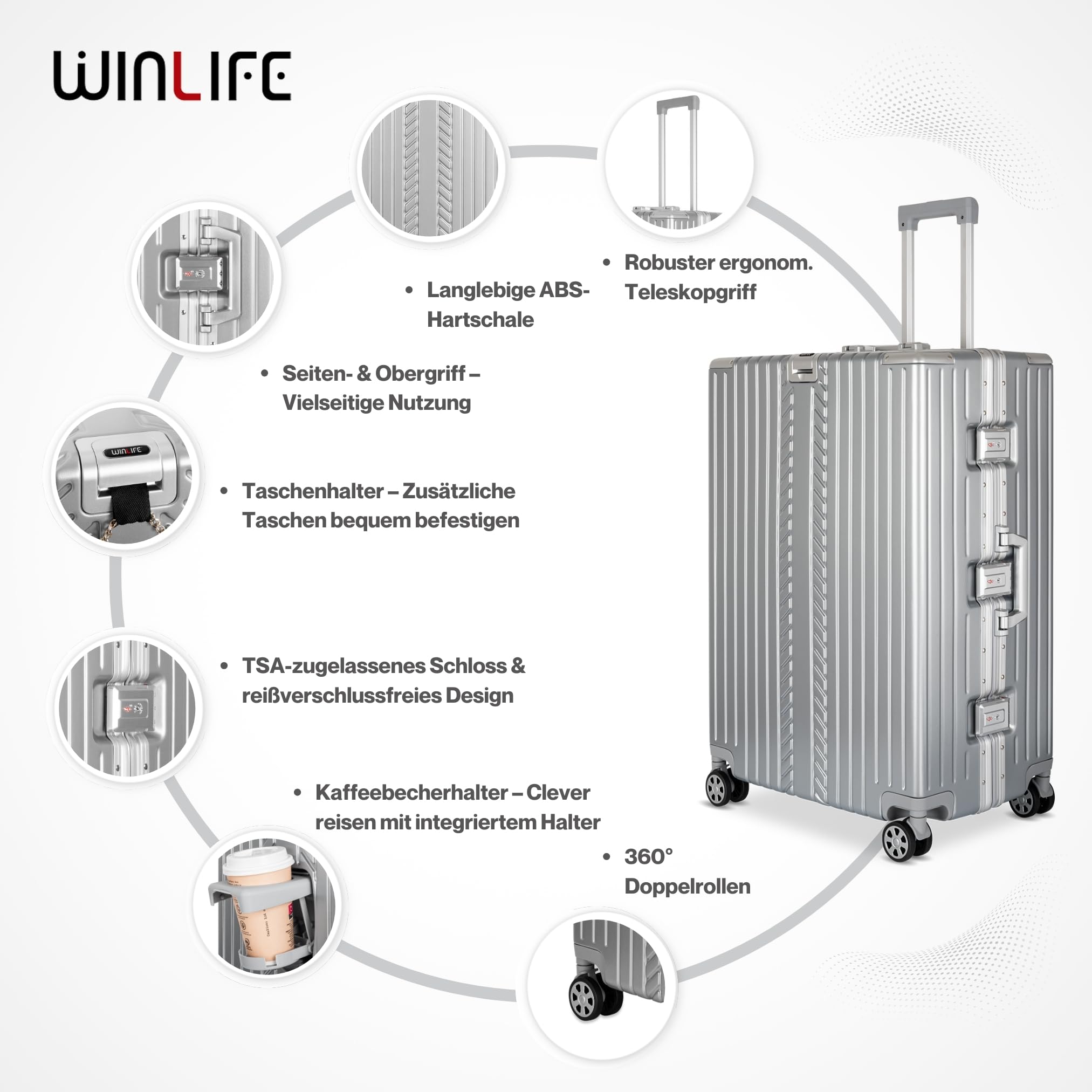 WINLIFE Walizka podróżna w rozmiarze XL, aluminiowa rama z ABS + antracytowa poduszka pod kark i zamkiem TSA, 75 cm, walizka z twardą obudową, duża walizka, kolor srebrny, srebro, XL, 1 x walizka na