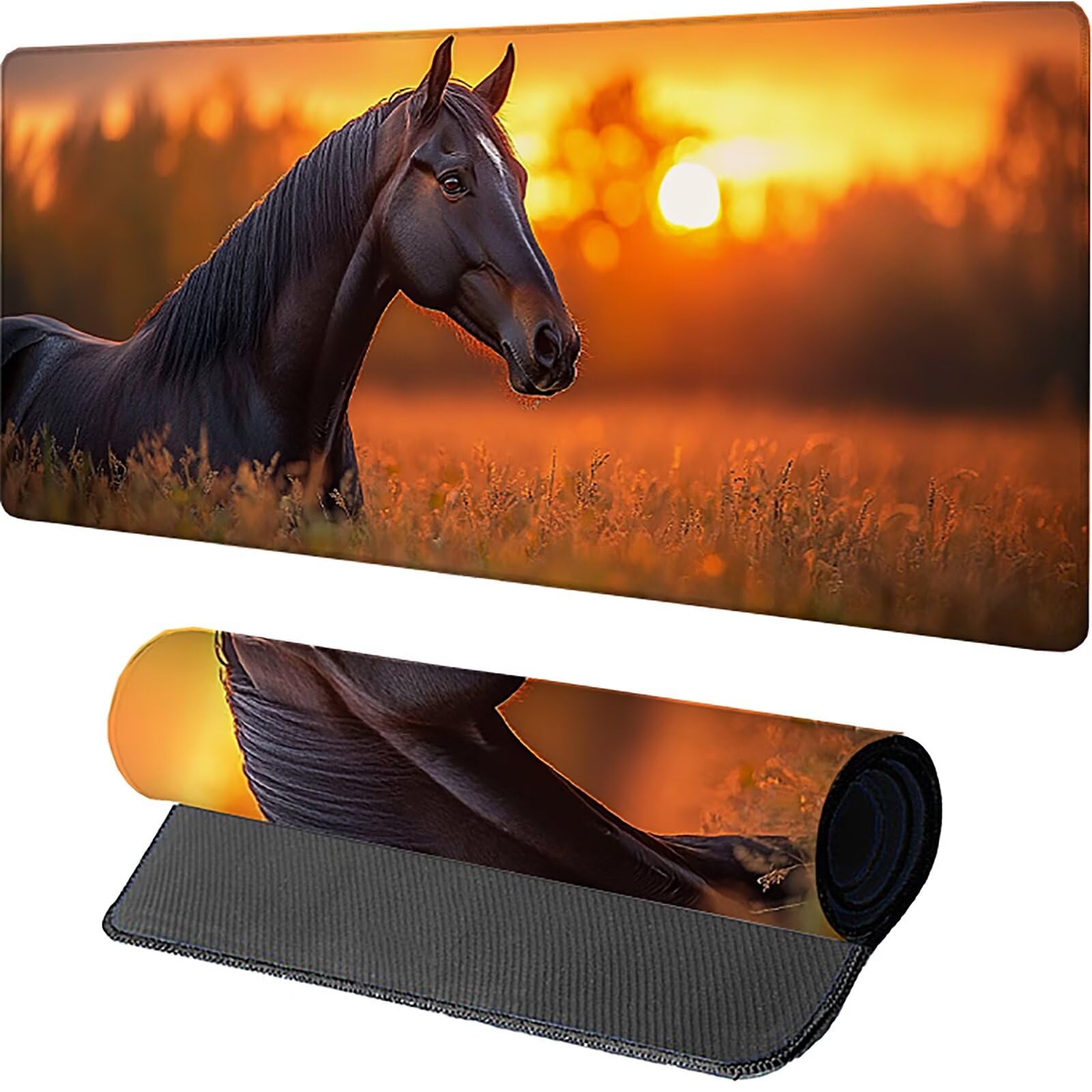 J-8681 Podkładka pod mysz do gier Sunset 1000 x 500 x 3 mm, podkładka pod mysz, duży koń, mata na biurko z przeszytą krawędzią, podkładka pod mysz z antypoślizgową gumową podstawą, akcesoria biurowe