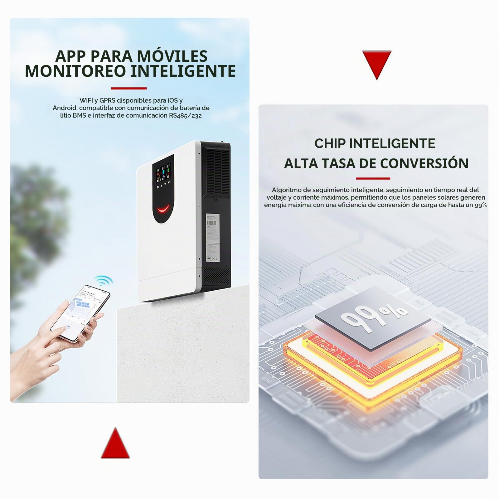 Inversor 48V 6200W onda sinusoidal pura, inversor solar híbrido con controlador de carga solar MPPT de 120A + cargador de CA, pantalla LCD, rango de voltaje MPPT de matriz fotovoltaica 60-450VDC