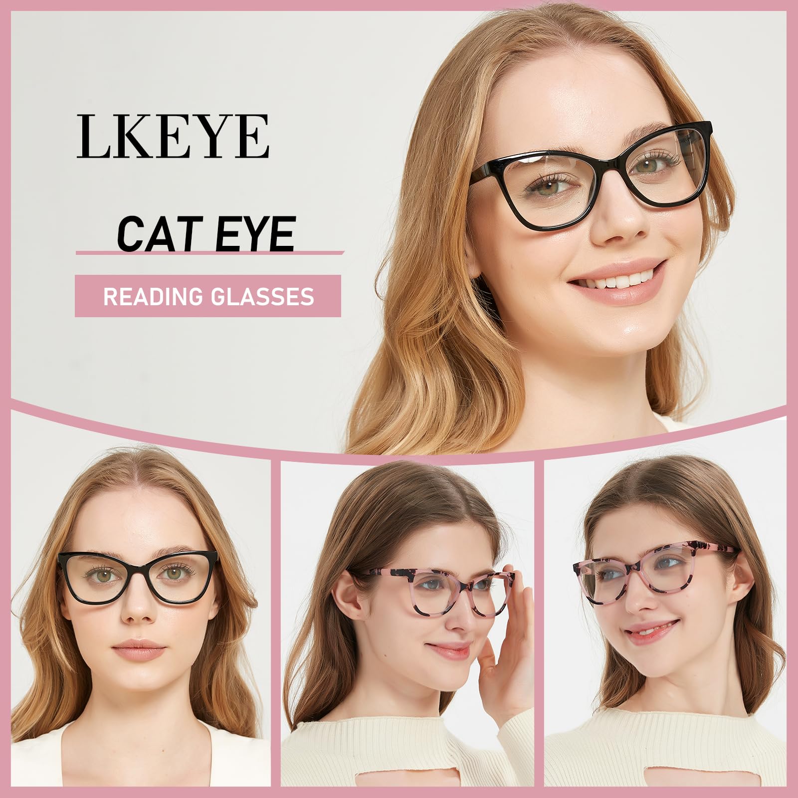 LKEYE Reading Glasses Women Cat Eye Blue Light Computer Readers Stylish Spring Hinge Designer Fashion Cute Eyeglasses LK6094 (3Pack,Black,Tortoiseshell,Pink +1.25 Strength)
