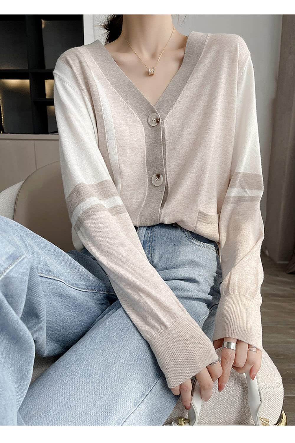 EIBA Chaqueta De Punto Mujer,Cárdigans De Punto para Mujer Moda Marrón Claro Color De Contraste Botón con Cuello En V Manga Larga Suéteres Delanteros Abiertos Cárdigan Otoño Elegante Chaqueta De AB