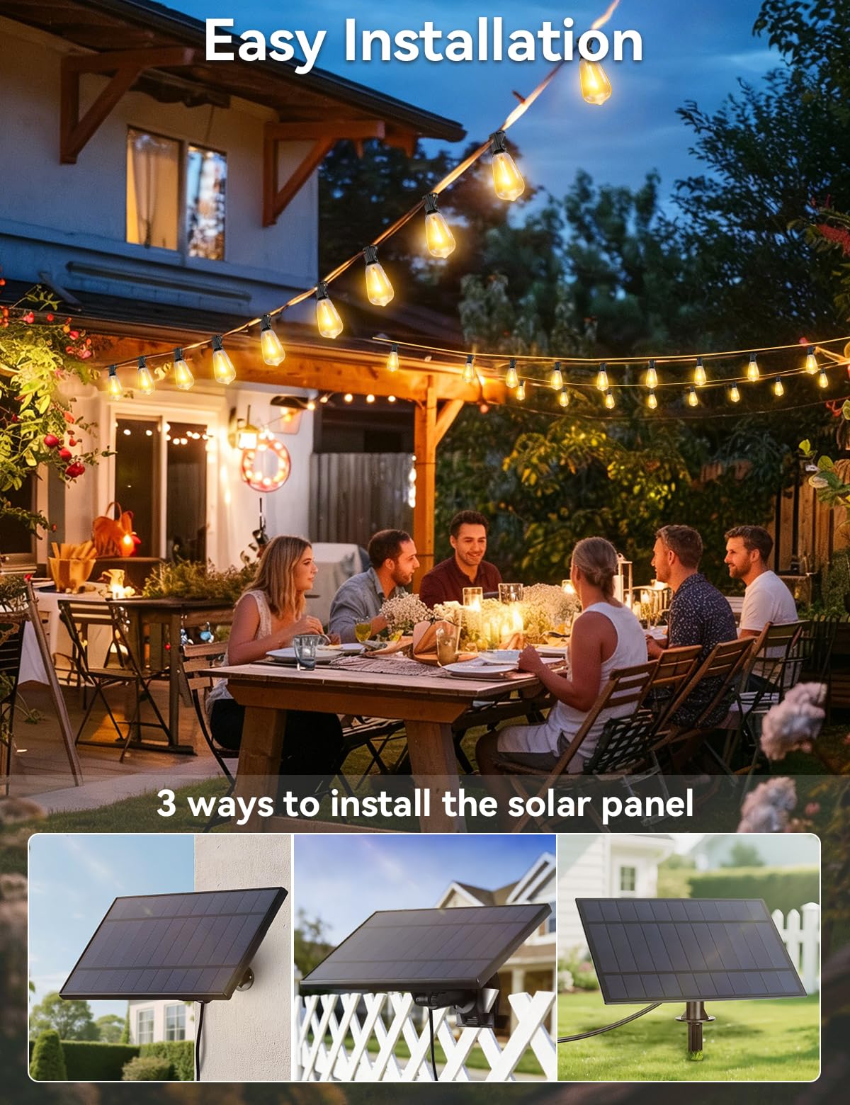 Brightever Solar-Lichterkette für den Außenbereich, wasserdicht, mit Fernbedienung, 55 + 2 bruchsichere ST38-LED-Leuchtmittel, dimmbar & 3 Beleuchtungsmodi, warmweiß, Solar-Terrassenleuchten für
