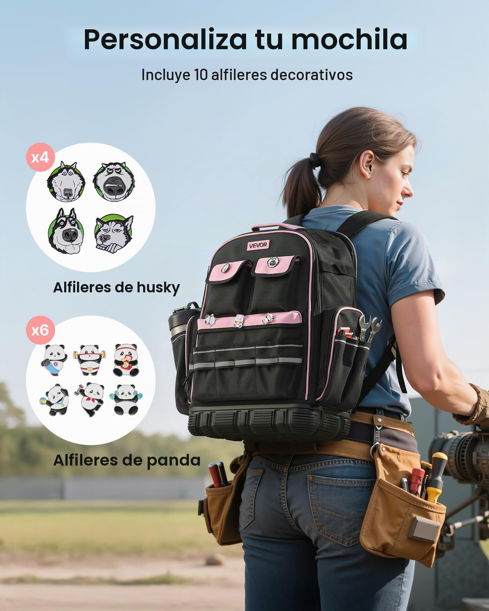 VEVOR Mochila para Herramientas, Mochila de Trabajo 330 x 200 x 490 mm con 56 Bolsillos, Compartimento para Portátil y Base Moldeada, Organizador de Herramientas para Electricistas, Reparadores