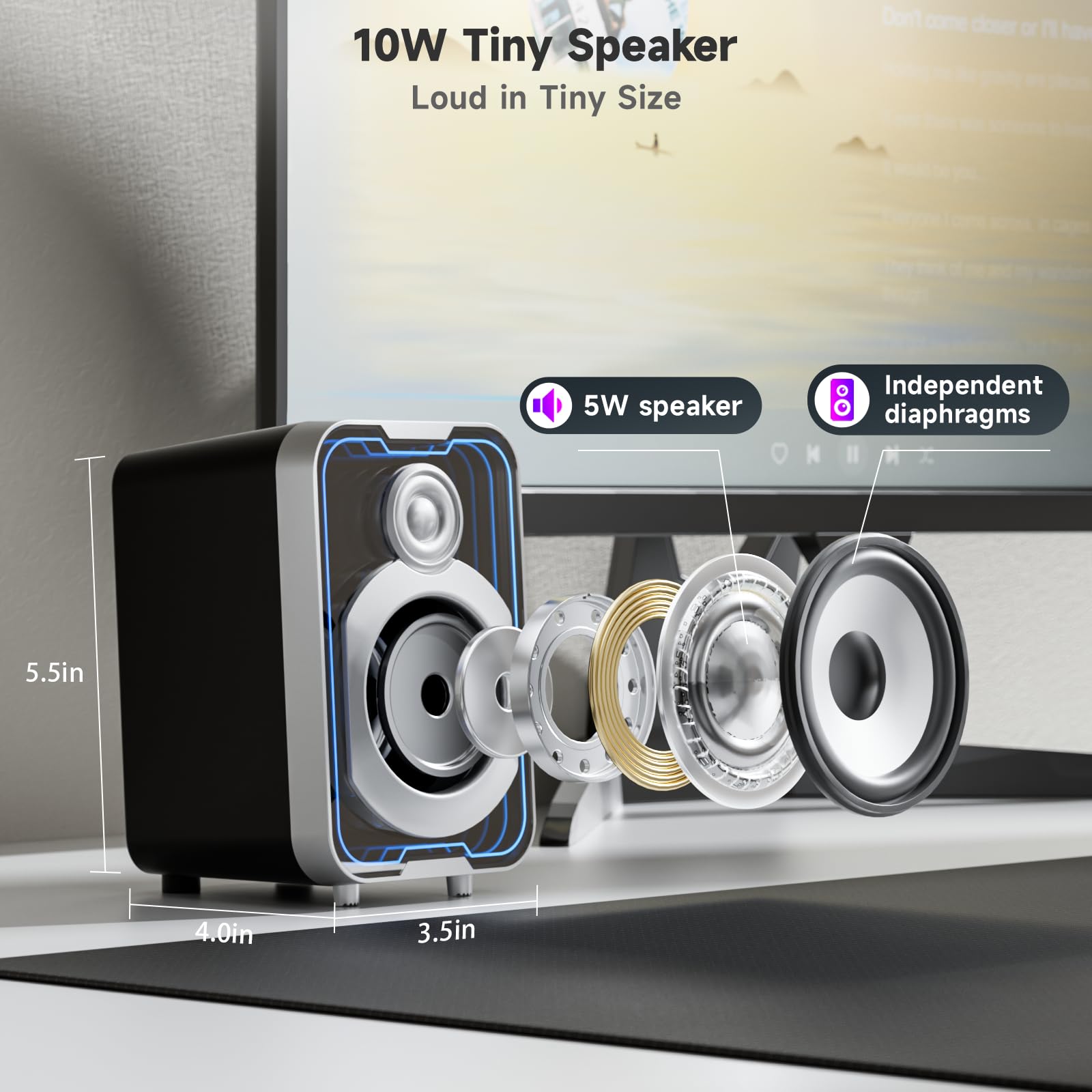Altavoces de computadora 2.0, altavoces de PC con cable Bluetooth de 10 W alimentados por USB con cápsula de fácil control para escritorio, barra de sonido de escritorio pequeña con 5 modos de 5