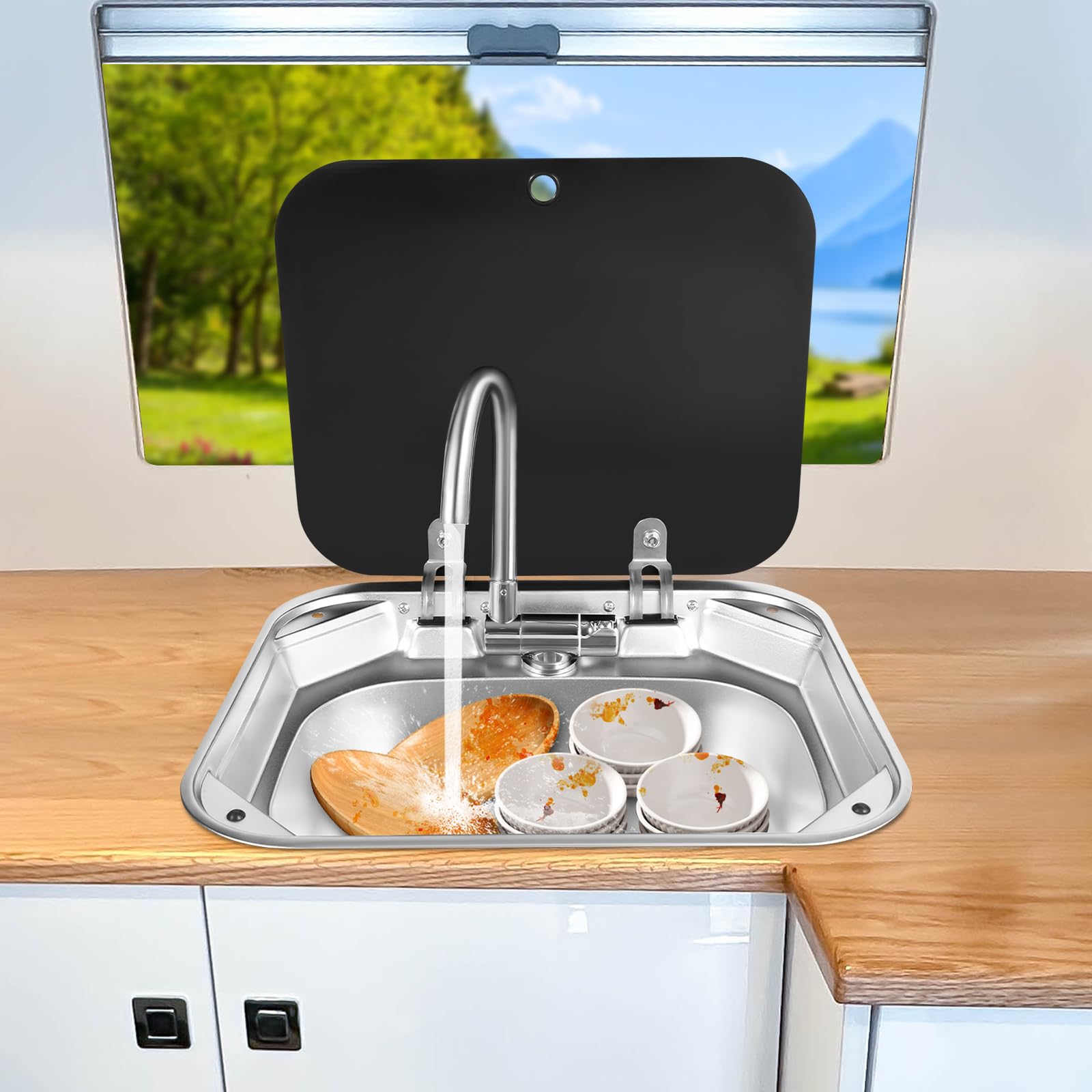 RV Camping Spüle Bausatz Caravana Waschbecken Set Edelstahl Spülbecken Camping Wohnmobil Reisemobil Spüle mit Wasserhahn Ablaufrohr Kaltwasserrohr Warmwasserrohr für Wohnmobil