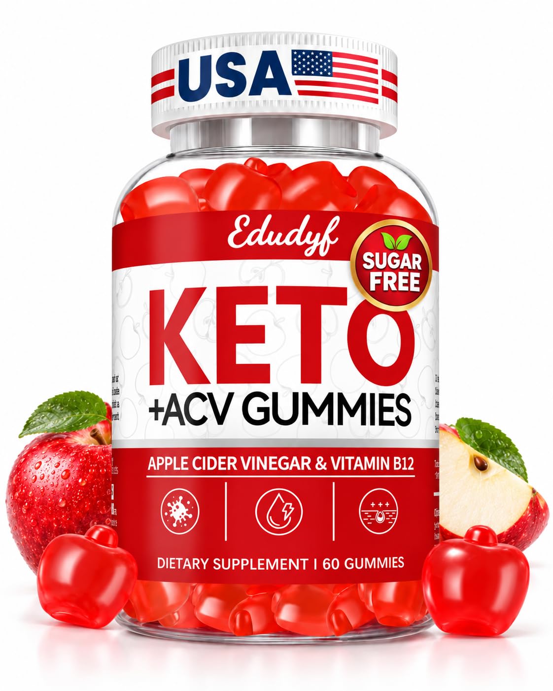 Keto ACV Gummies - 60 Count Gluten-free, Ζελατίνη-ελεύθερο μηλίτη μηλίτη με B12 για Keto Υποστήριξη, χορτοφαγική, μοναδική γεύση, βολικό εμφιαλωμένο συμπλήρωμα για άνδρες & γυναίκες