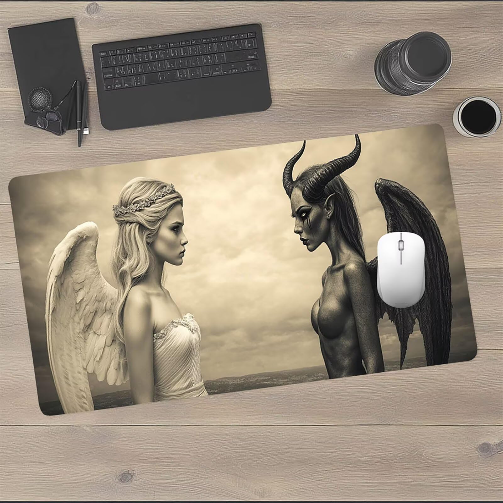 Gamingowa podkładka pod mysz XXL, anioł, demon, 1200 x 600 x 3 mm, wodoszczelna, antypoślizgowa podkładka na biurko, poprawia precyzję i prędkość, akcesoria gamingowe na biurko, model 12018