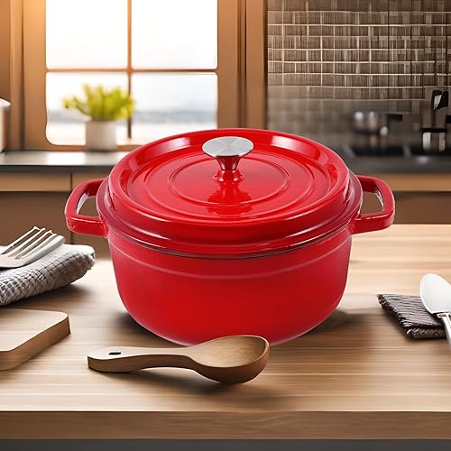 Miniatura 7 de MEIGUI Horno holandés de hierro fundido de 7 cuartos de galón, horno holandés antiadherente esmaltado, olla redonda holandesa con tapa, forros de