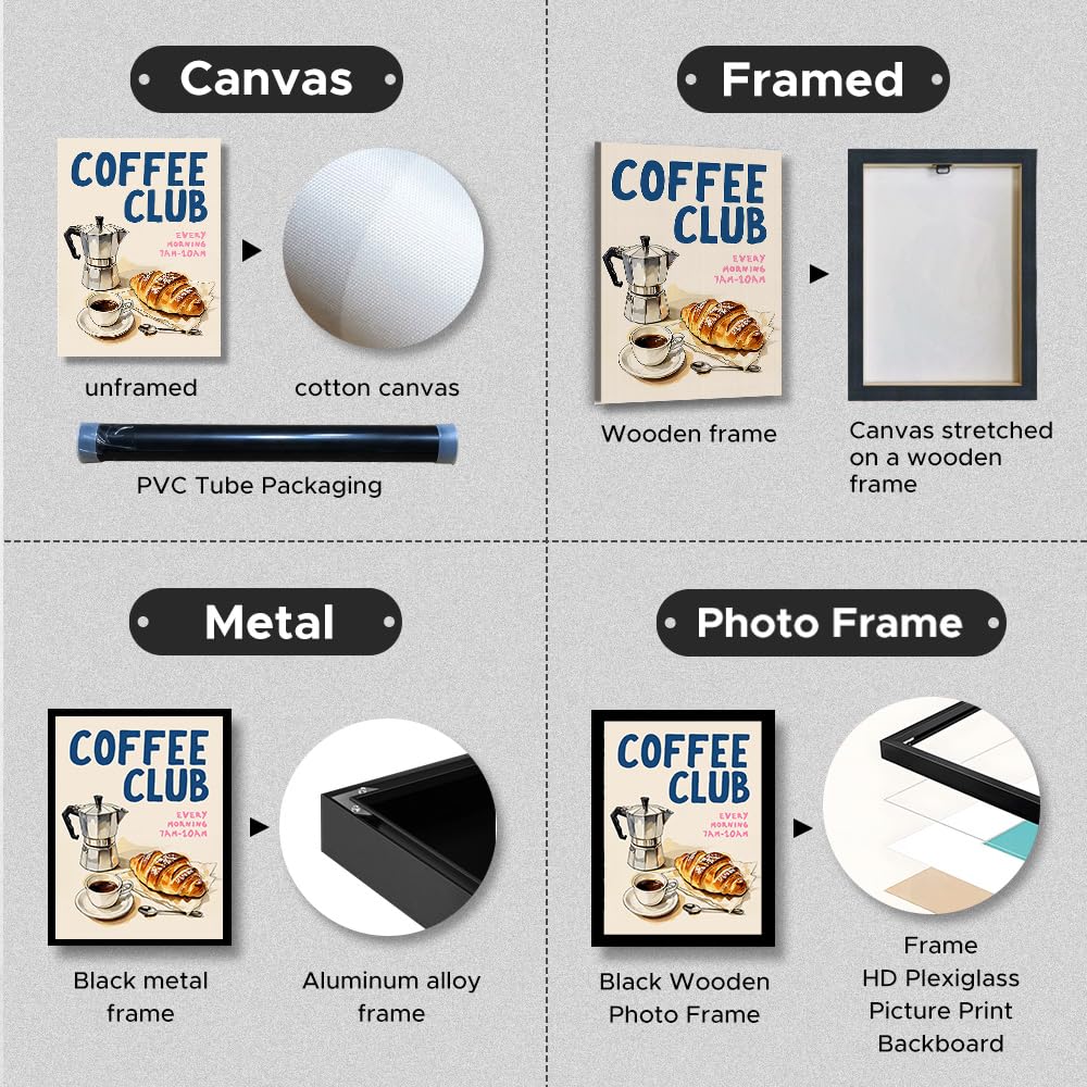 Trendige Küchen-Wandkunst, Mokkakanne, Kaffee, Pasta-Liebhaber, Wein, Käse, Retro-Lebensmitteldrucke, Kaffee-Poster für Esszimmer, Bar, Café, Dekor (SKU1, 40 x 50 cm, gerahmt (verpackte Leinwand)