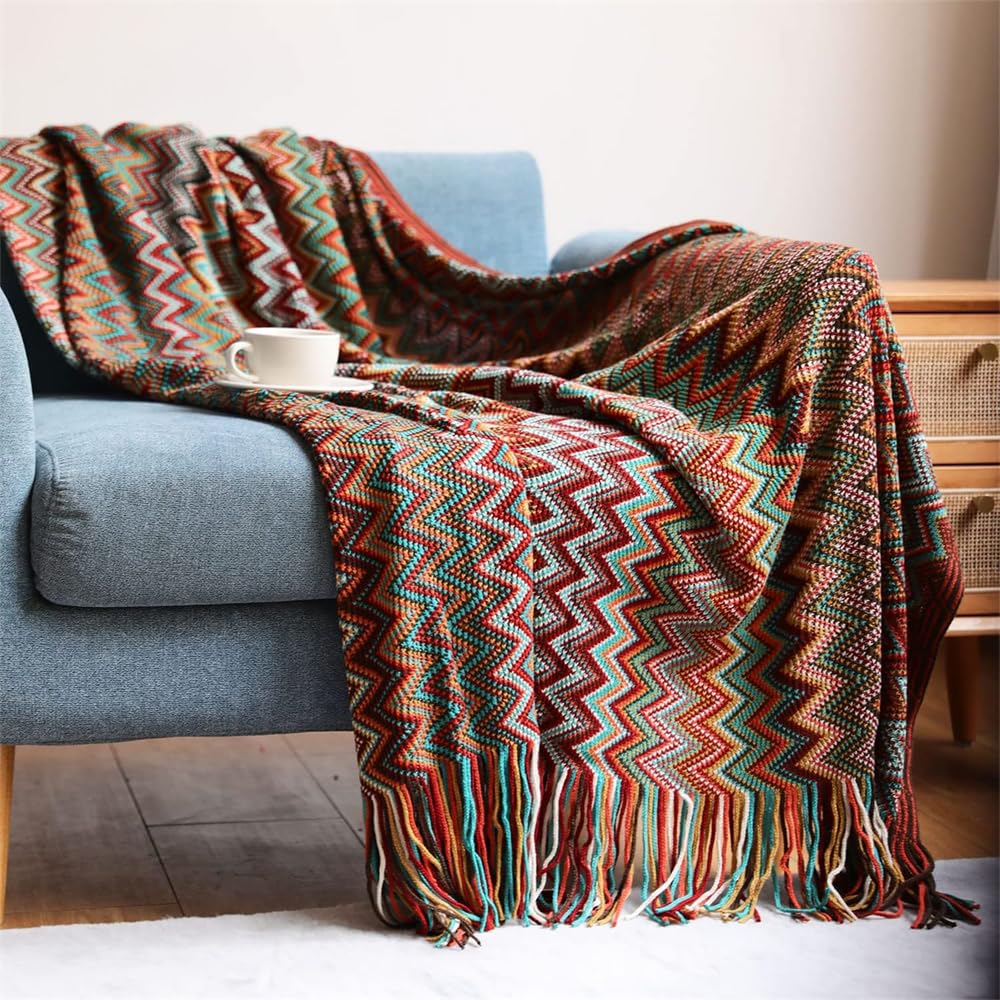 Boho Throw Blanket, Soft Knitted Farmhouse Bed Throw, Cozy Small Lightweight Blankets and Throws with Tassel for Woman, Home Decor, Bed, Sofa, Gift, All Seasons (Bohemia Red, 50x70 Inch)