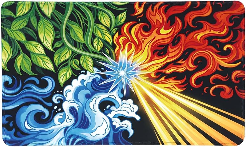 Fantasy Playmat for TCG, 24x14 Inch | Fire Water Nature Thunder Artwork, Large Desk Mat, 4mm Thick Natural Rubber Base, Non Slip Surface, Gaming, Card Game Setup