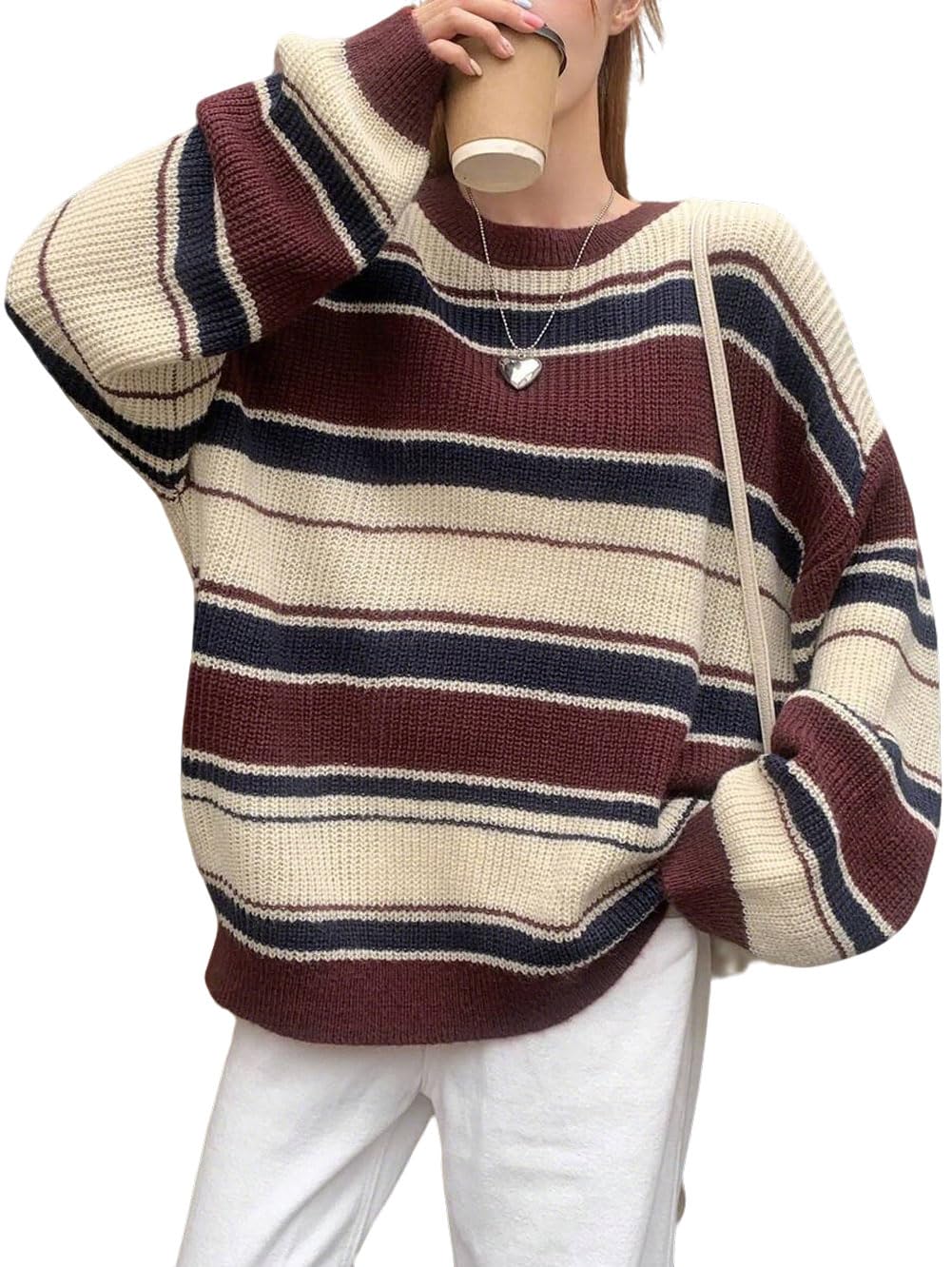 CHARTOU Women Color Block Sweater Preppy Style Chunky Knit Striped Pullover Sweater