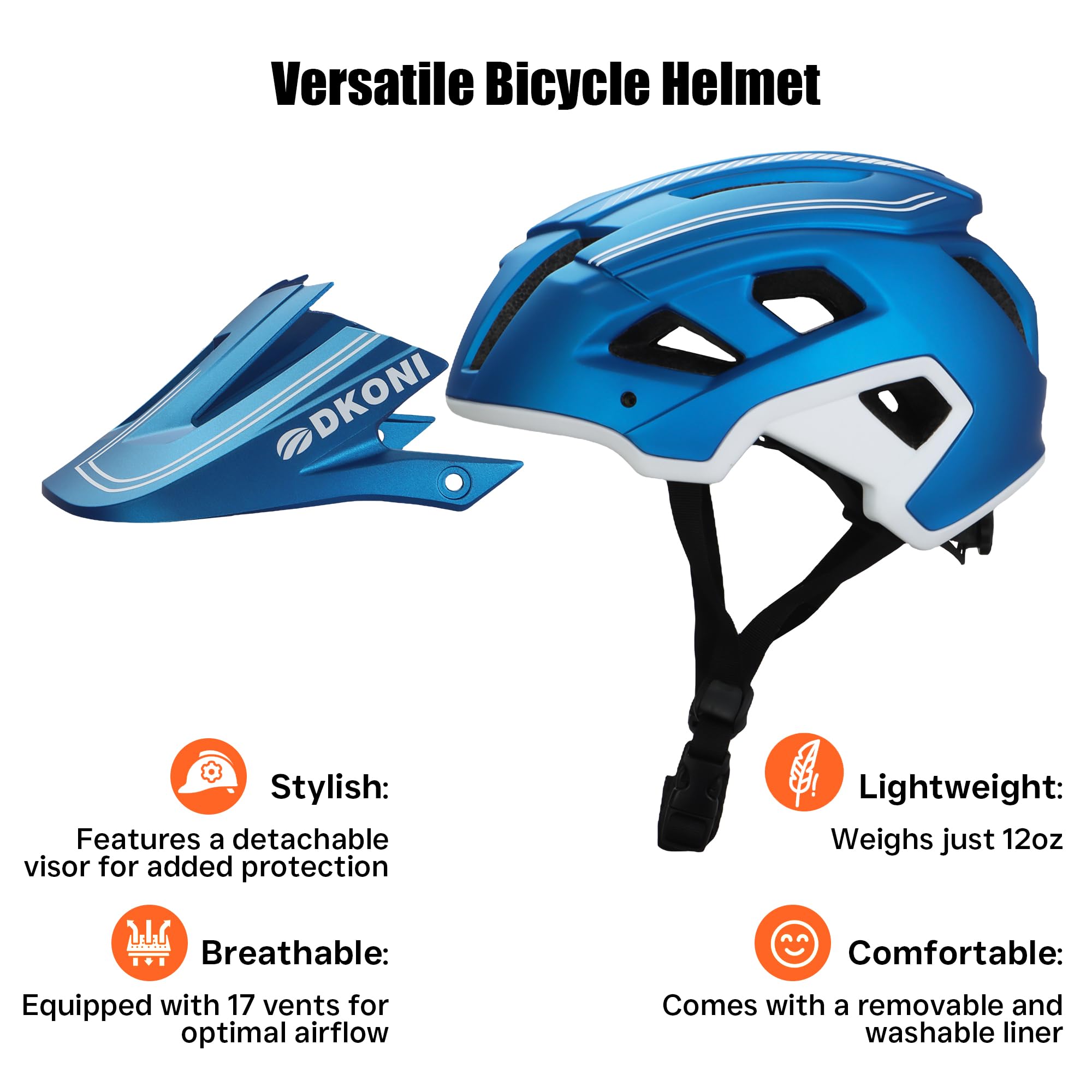 DKONI Casco da bicicletta leggero e regolabile, unisex per ragazzi e adulti, con visiera e imbottitura rimovibili, 17 prese d’aria