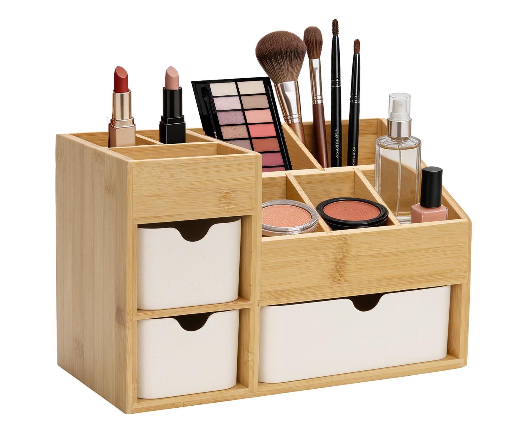 Schreibtisch-Organizer aus Bambus mit 3 Schubladen, Schublade, Tischaufbewahrung, Zubehör, Organisationsbox für Zuhause/Büro, 3-stöckiger Make-up-Organizer, abnehmbar und keine Montage