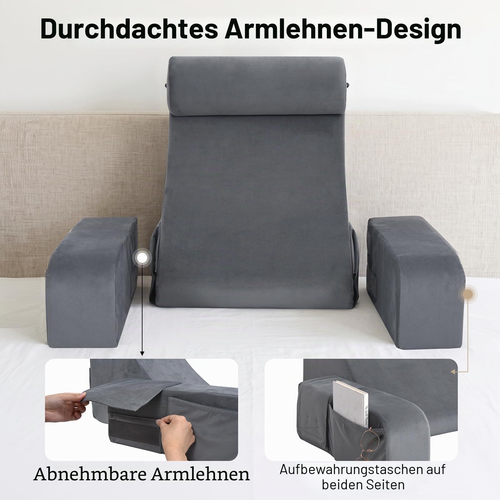 ENITYA 19" Lesekissen für Bett und Sofa, Lesekissen mit Rückenlehne für Erwachsene, Armlehnen, Großen Taschen, Ideal zum Entspannen, Fernsehen, Stillen, zur Erholung und zum Spielen, Grau