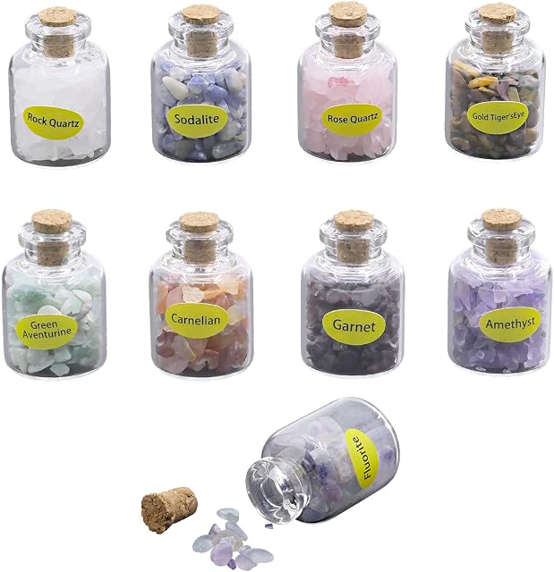 DBOO 9 Mini Gemstone Wishing Bottles, Reiki Healing Energy Chip Crystal Wicca Stones Set Collection Kit
