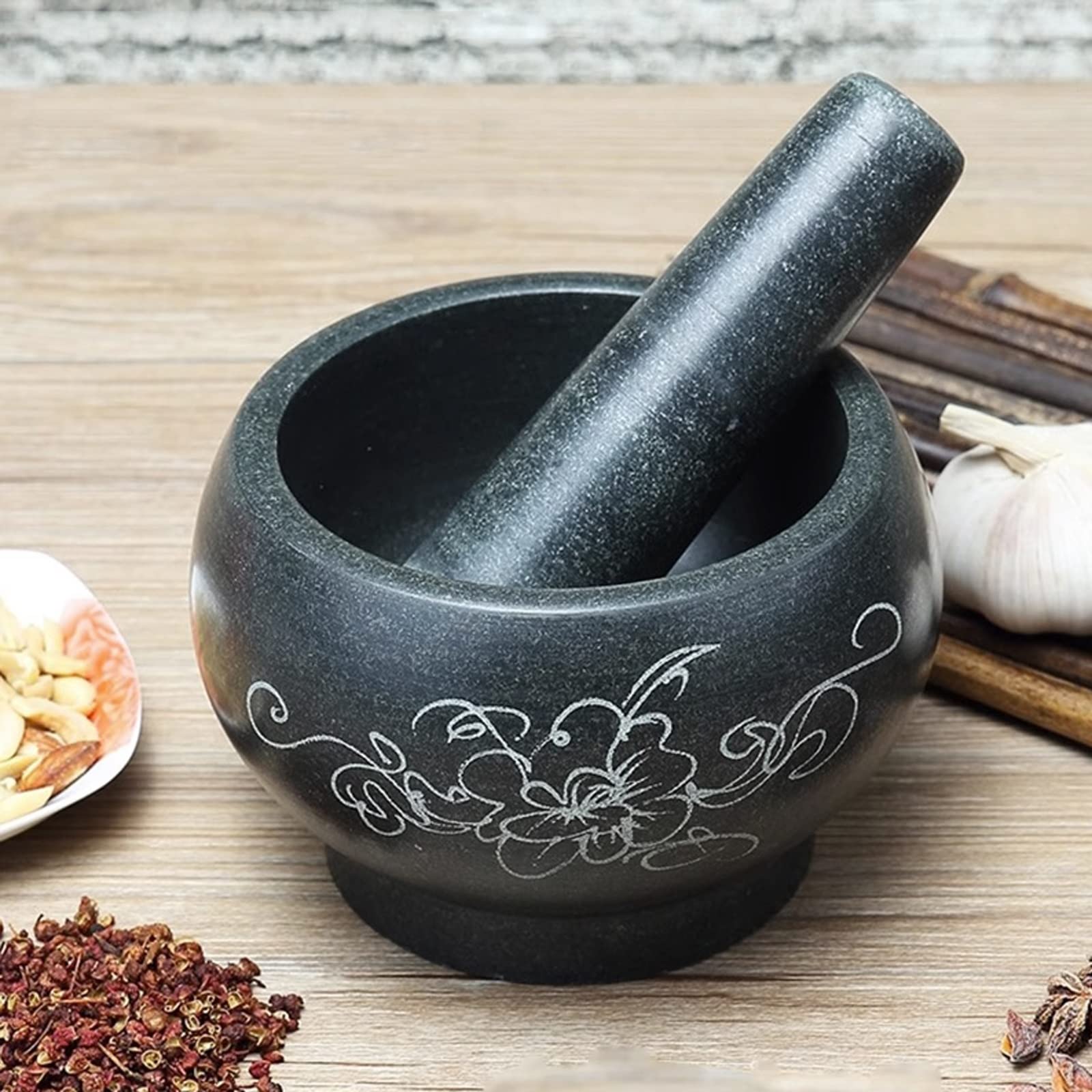 Knoblauchpresse Edelstahl 5,5-Zoll-Mörser- und Stößel-Set aus Granit for Polieren von glattem Steinmörser und Stößel for die Küche, große Mahlschüssel for Kräuter und Gewürze, schwarz Knoblauchzerklei