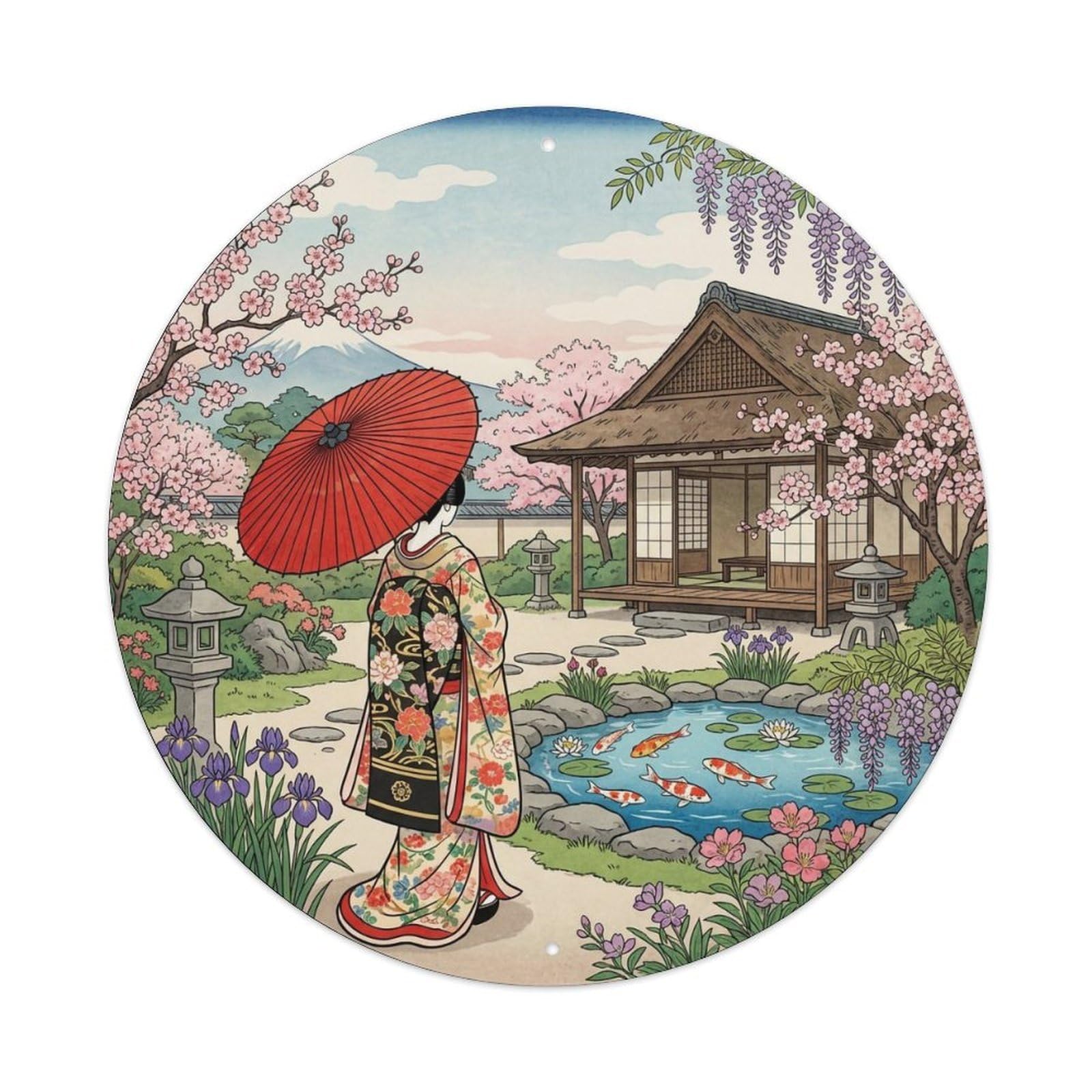Yrnq 8X8inch Vintage Style Japanese Kimono Lady Spring Garden Tranquil Imagery Metal Tin Sign