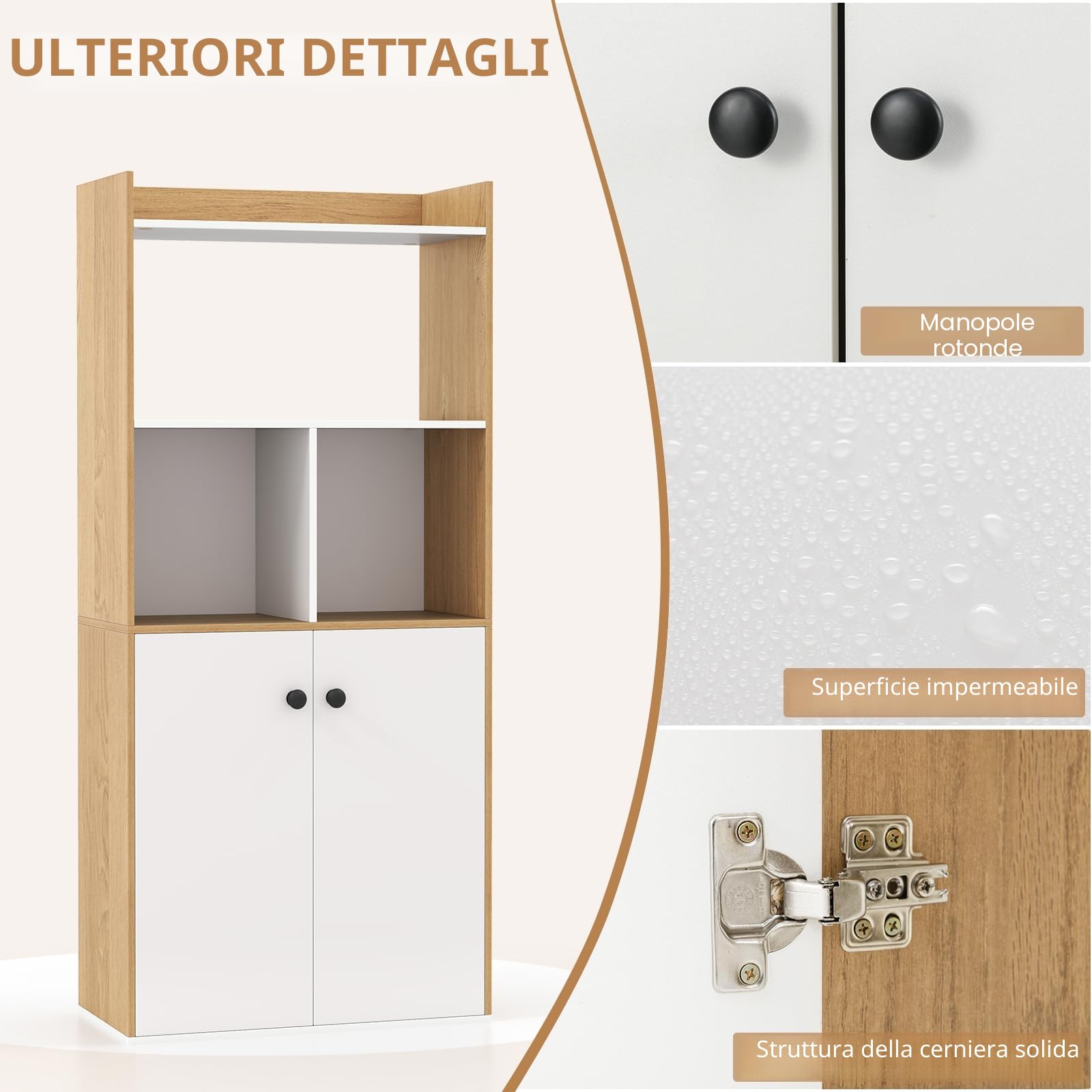 KOMFOTTEU Libreria Verticale in Legno con Armadio a Ante e 2 Ripiani Aperti, Libreria Scaffale, 60 x 30 x 140 cm (Bianco e Naturale)