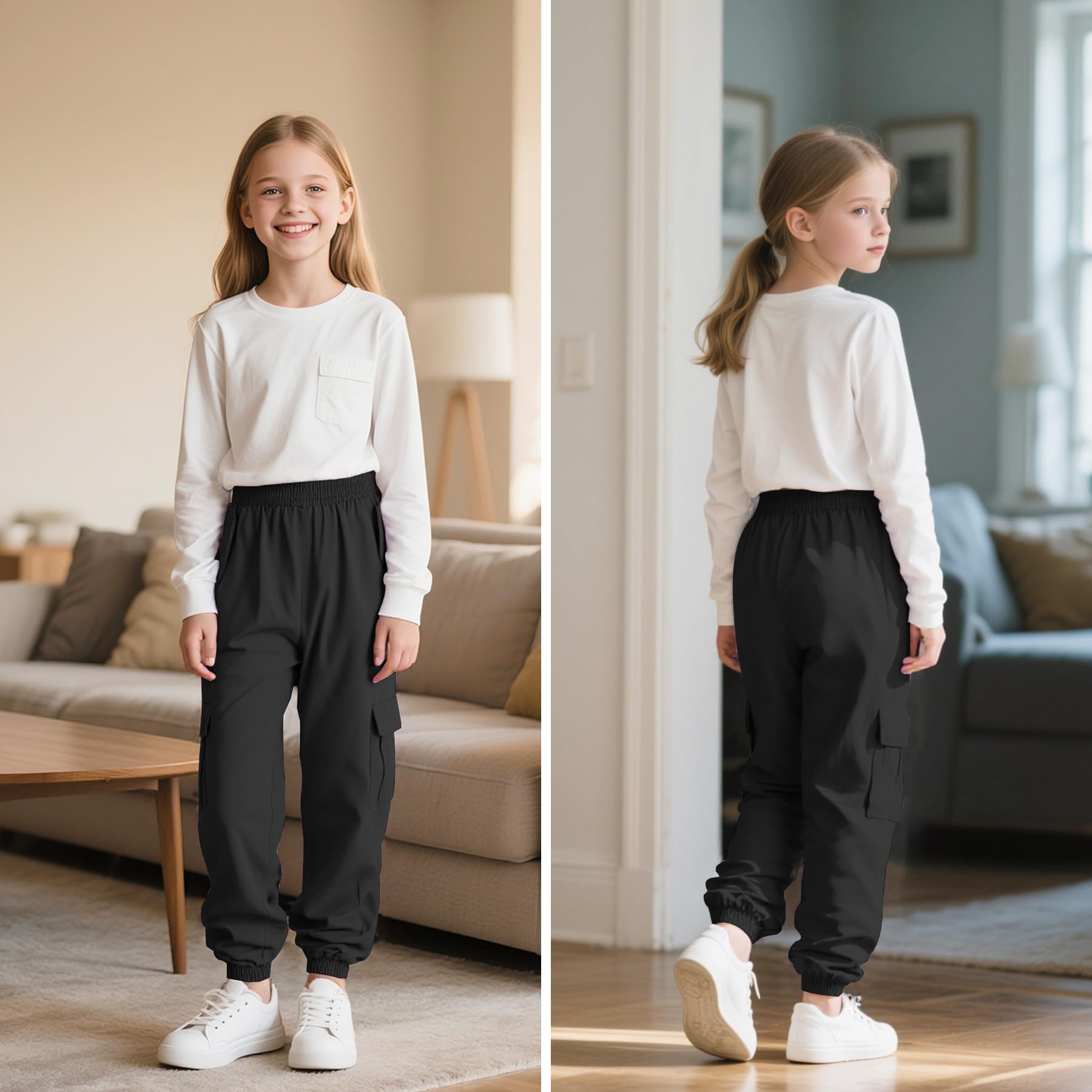 Cargohose Mädchen Baumwolle Kinder Jogginghose Weich Atmungsaktiv Cargo Hose mit Elastischem Bund und Taschen Streetwear Sporthose Freizeithose für Frühling Herbst 6-13 Jahre, Gr.116-158