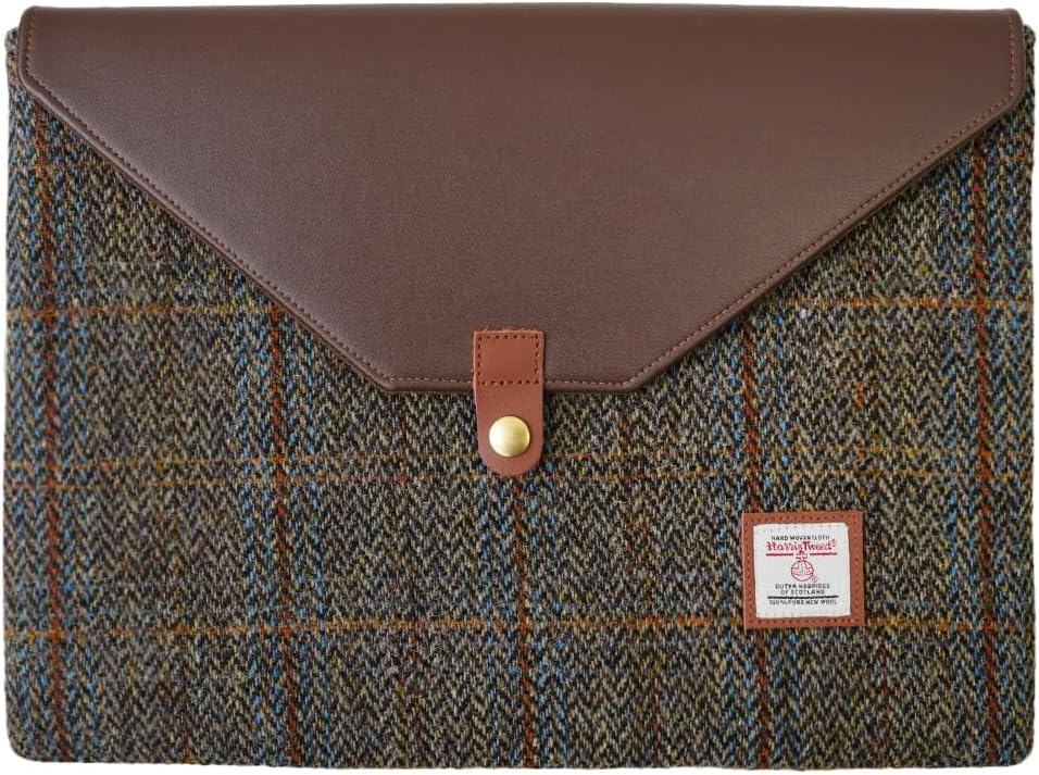 Harris Tweed Laptop Sleeve for MacBook Air M4 M3 M2 M1 13 Inch and Pro M1 A2338 Wool and Microfiber Leather Case with Snap Button Flap