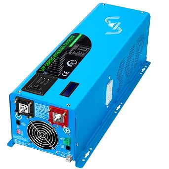 شاحن عاكس SUNGOLDPOWER 6000 واط 24 فولت تيار مستمر،ذروة 18000 واط،مدخل 240 فولت تيار متردد،مرحلة مقسمة لإخراج تيار متردد 120 فولت/240 فولت، تردد منخفض، موجة جيبية نقية مع جهاز تحكم عن بعد LCD، إصدار محدث باللون الأزرق