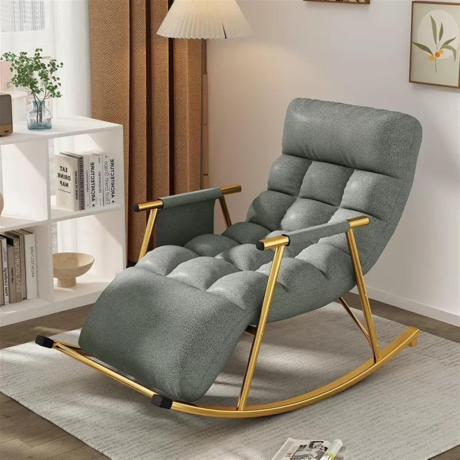Adjustable Nursery Rocking Chair with Breathable Tech Cloth, Ergonomic Lounger for Living Room & Garden, Stylish Golden Legs - Perfect for Relaxation & Comfort