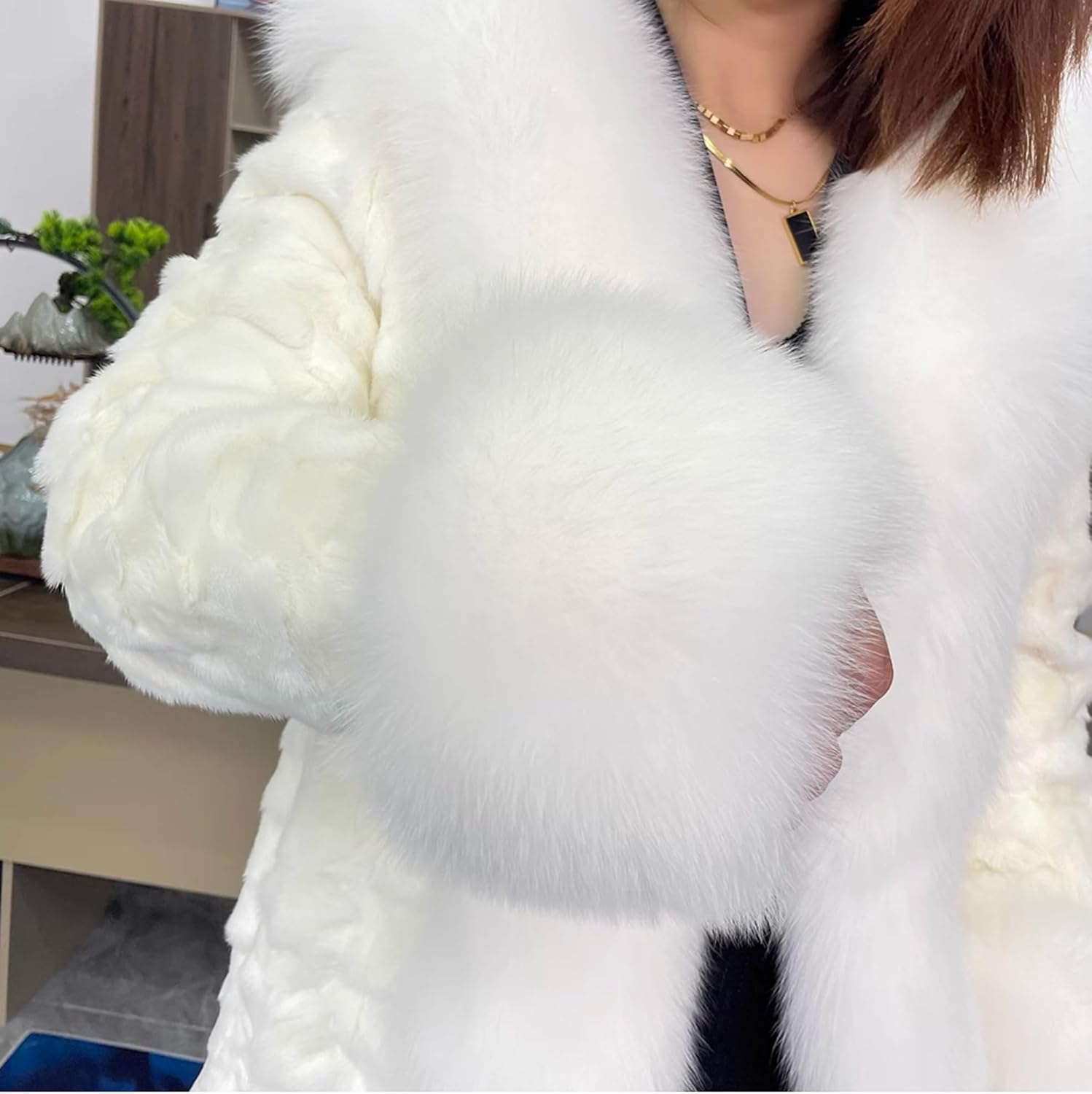 Women's Genuine Mink Fur Coat with Fox Fur Collar and Sleeve Cuffs Fuzzy Warm Fox Fur Trim