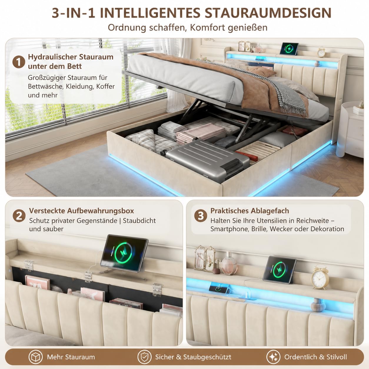 Łóżko tapicerowane 160 x 200 cm, łóżko hydrauliczne z diodami LED i stacją ładującą USB, rama łóżka z stelażem z listew i zagłówkiem, łóżko małżeńskie dla chłopców bez materaca (beżowe + A, 160 x 200