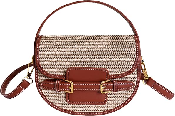 Straw Crossbody Bag for Women,Small Saddle Purse,Adjustable Strap and Buckle Flap