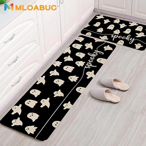 Miniatura 5 de Mloabuc Happy Halloween - Juego de 2 tapetes de cocina, alfombra de cocina decorativa negra espeluznante con texto divertido, alfombra de piso