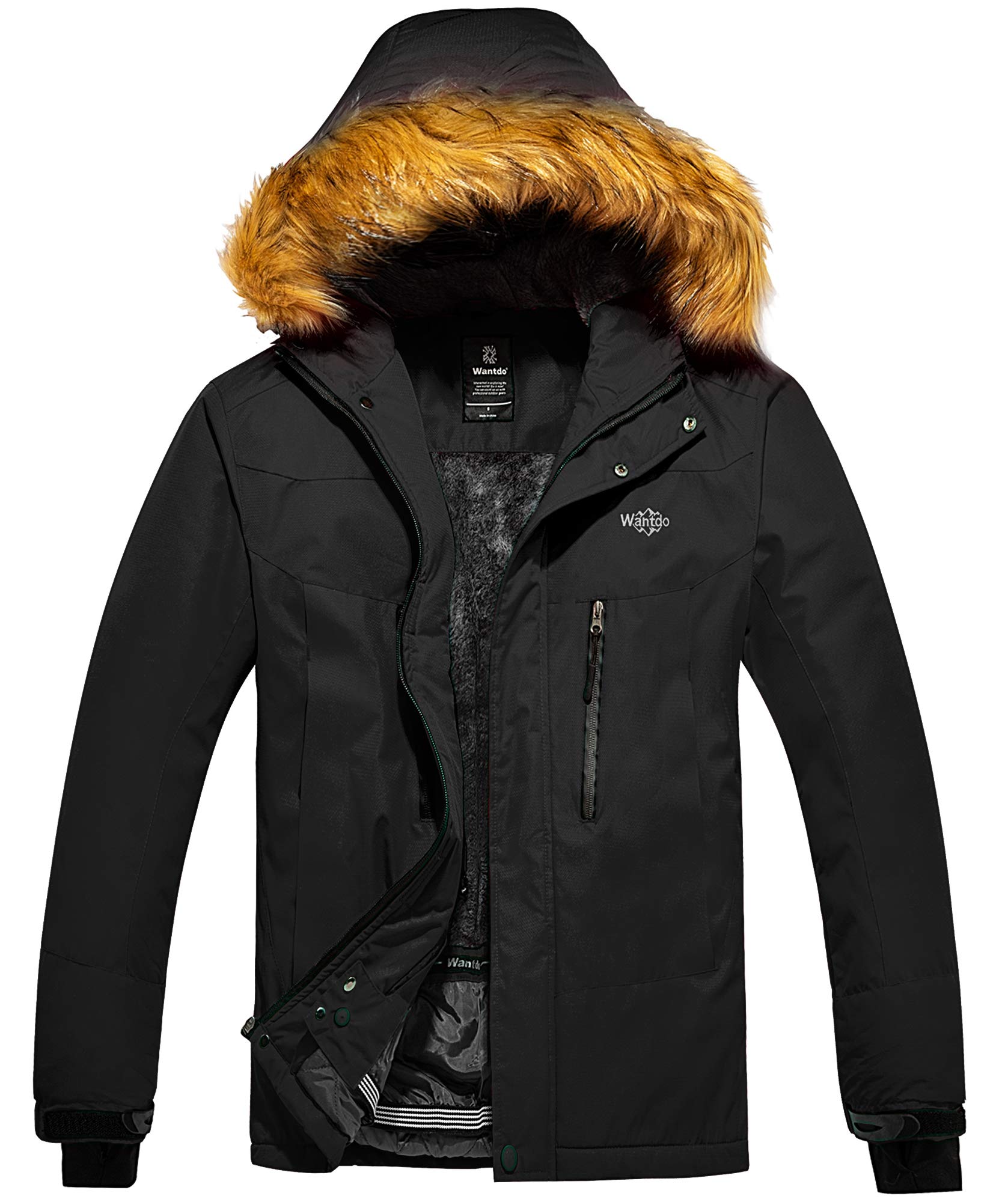 Wantdo Men's Mountain Jacket Fleece Lined Winter Coat Windproof Faux Fur Collar
