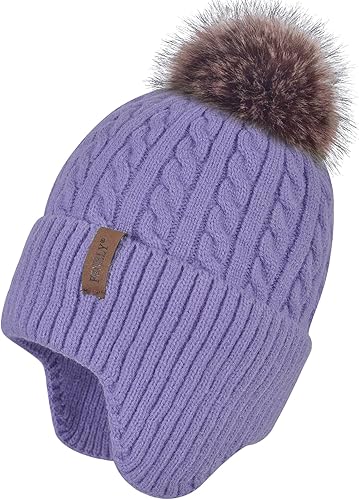 Gorro de punto con pompón para mujer, gorro de invierno cálido con forro polar para mujer
