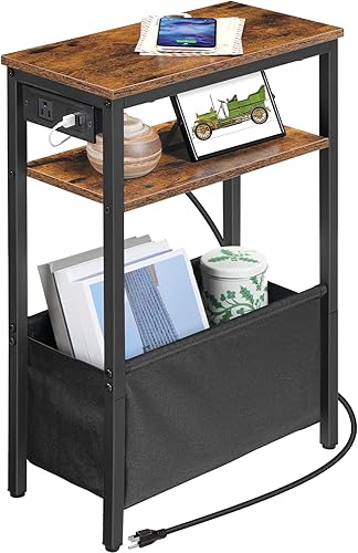 Miniatura 9 de HOOBRO Mesa auxiliar pequeña y estrecha, mesa auxiliar delgada con estación de carga, mesita de noche extra delgada con almacenamiento para espacios