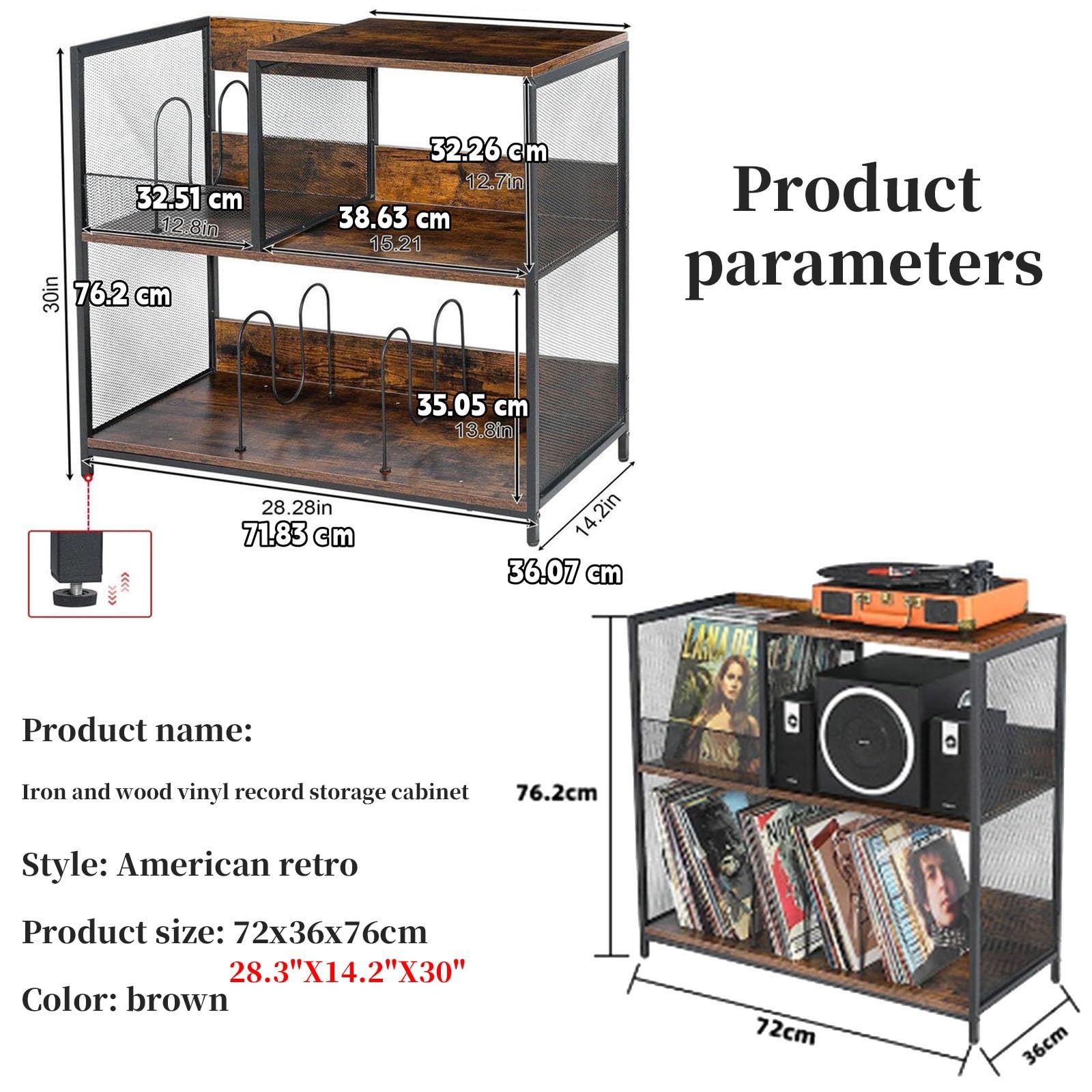 FORRTY Grande Libreria for Vinili A 3 Livelli, Conserva Fino A 300 LP, Supporto Giradischi in Metallo E Legno, Stile Industriale, Mobile Porta Vinile E CD for Soggiorno/Ufficio/Camera