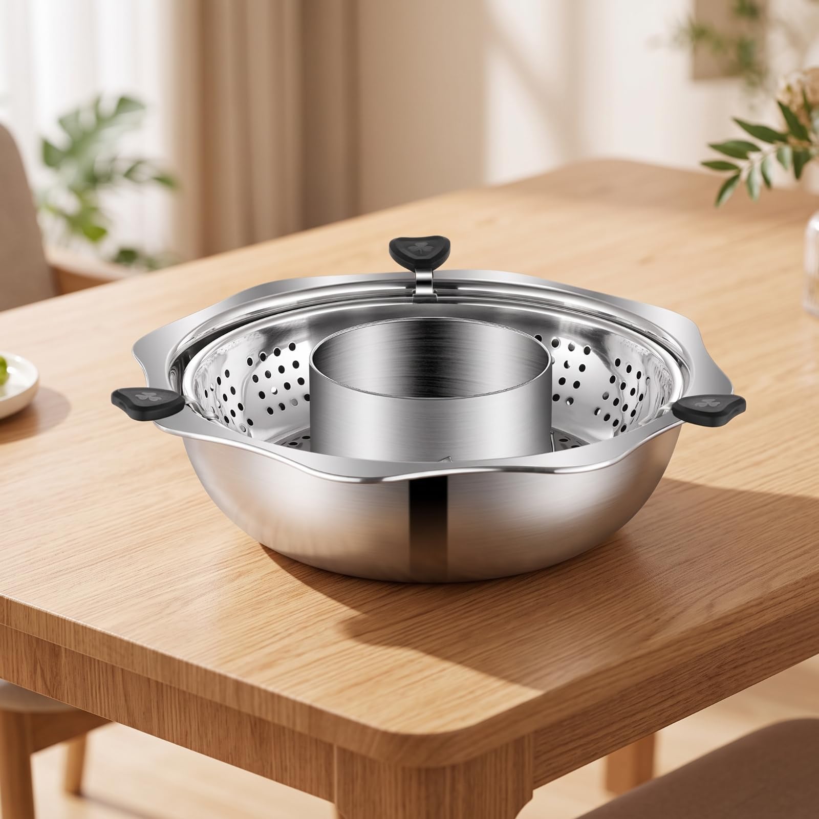 Pentola a Doppio Sapore Pentola Hot Divisorio Casseruola Recipiente con Tubo Centrale Rialzato E Bordo Ampio per Bollitura Controllata Manici Robusti, 30cm