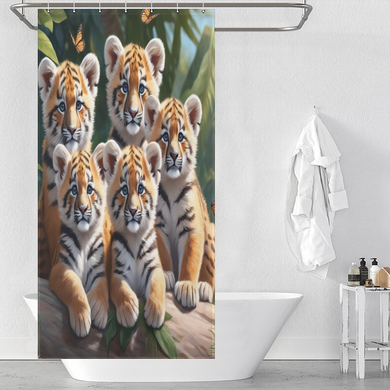 Rideau de douche tigre en polyester imperméable 92x183cm avec 12 crochets pour baignoire