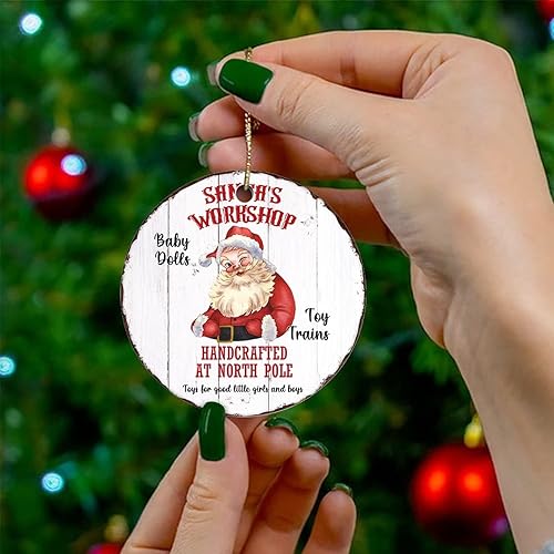 Miniatura 4 de Two-Side Printed Santas Workshop Ceramic Christmas Ornament Novelty for Family Friends Kids Wood Grain Christmas Keepsake Pendants